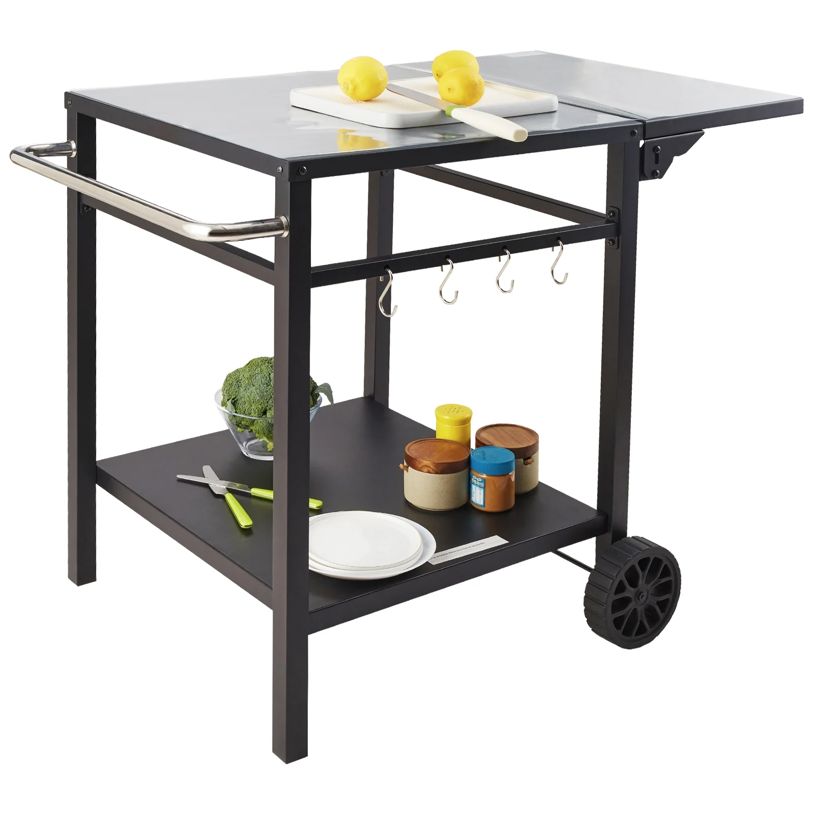 SKYSHALO BBQ Movable Outdoor Grill Dining Cart Double-Shelf Food Prep Trolley Patio
