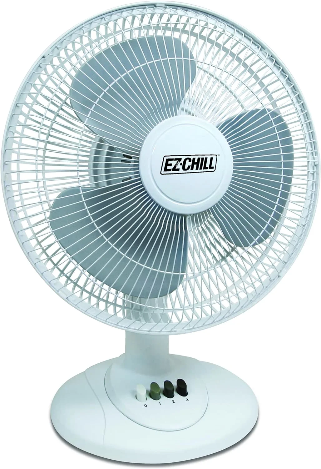 Ez-Chill Fan 12” 3-Speed Oscillating Table Fan with Adjustable Tilt, Convenient Push Button Controls, Quiet Operation, White