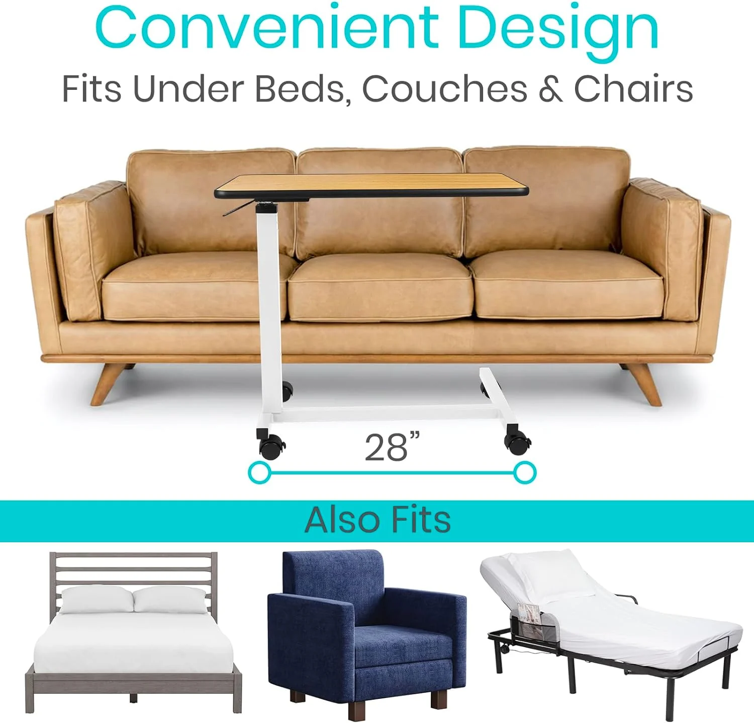 Vive Overbed Table (XL) - Hospital Bed Table - Swivel Wheel Rolling Tray - Adjustable Over Bedside Home Desk - Laptop, Reading, Eating Breakfast Cart Stand - Bedridden, Elderly (Brown)