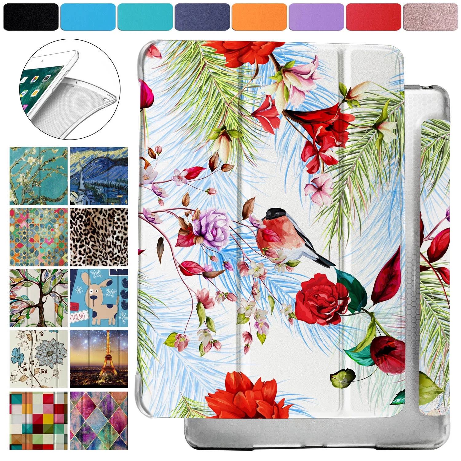 iPad 9.7 5th 6th Gen Air 1st 2nd Generation [iPad 5 6 Air 1 2] A1893 A1822 A1566 MH2V2LL/A MRM52LL/A MP242LL/A Magnetic Dual Angle Stand with Honeycomb Pattern Printed Cover - Birds & Flowers