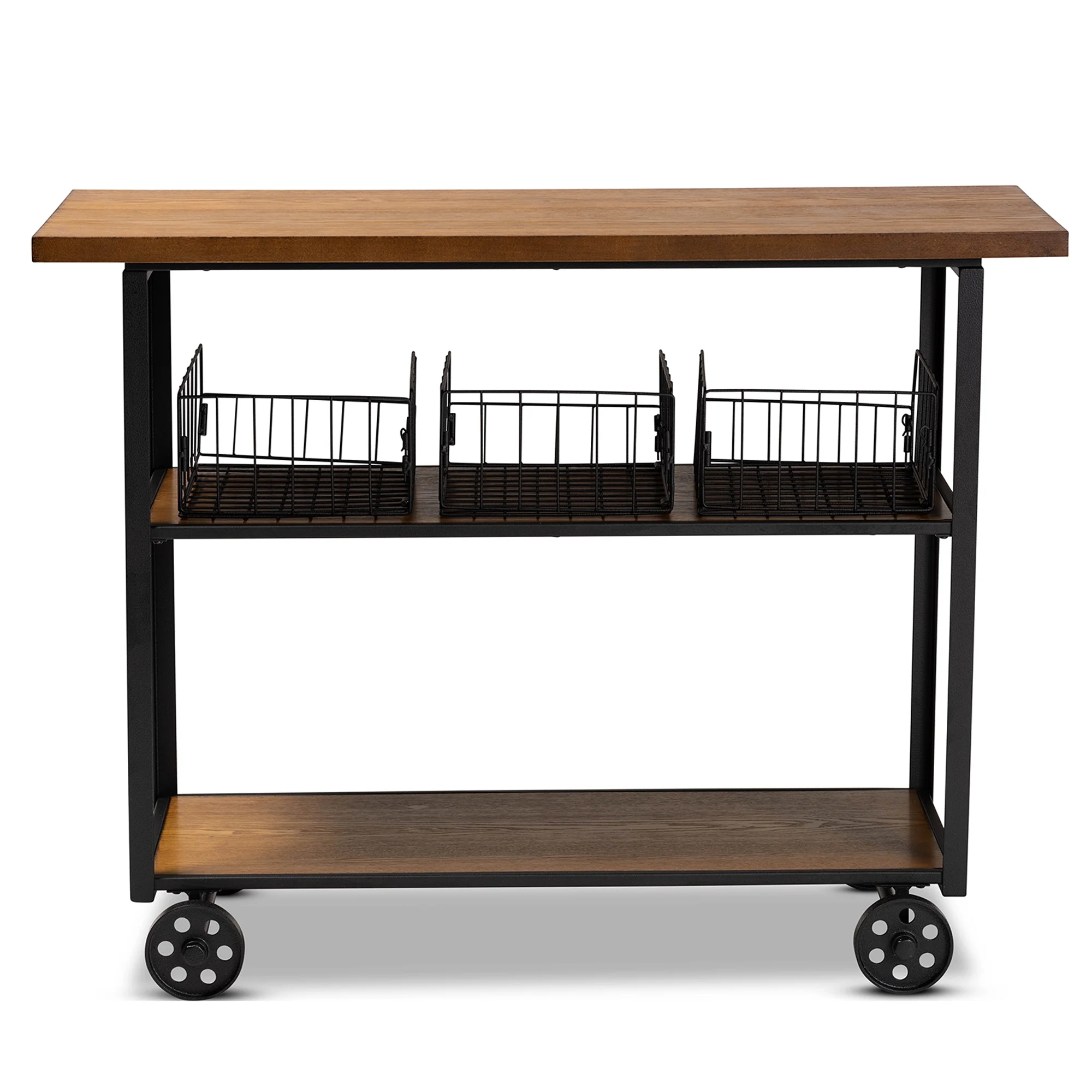 Baxton Studio Felix Industrial Wood and Metal 3 Tier Mobile Console Table, Walnut/Black