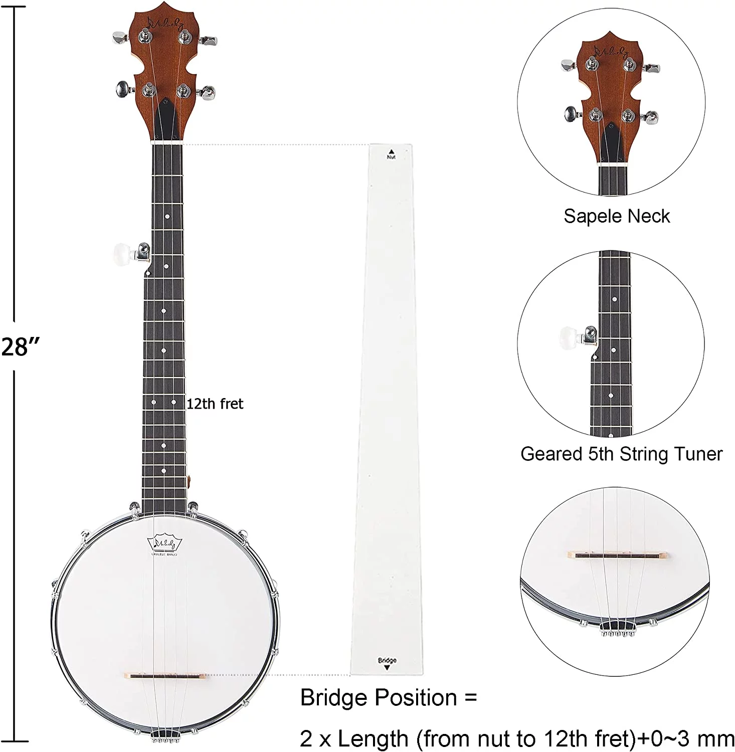 Mulucky 5 String Banjo Mini - 28 Inch Travel Banjo Sapele Body Closed Solid Back Beginner Kit With Gig Bag Tuner Picks Strings Strap - B806