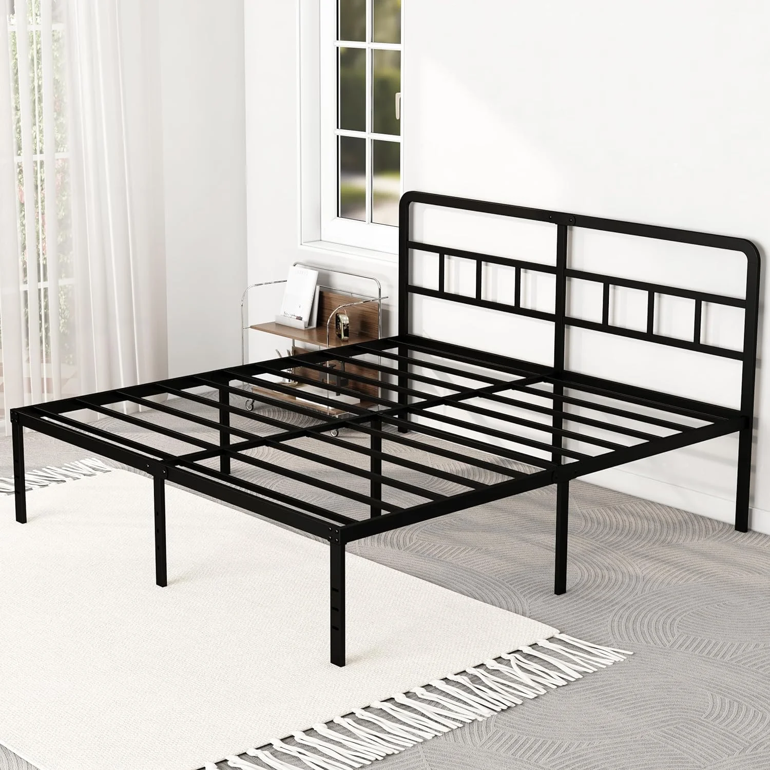 Lutown-Teen King Size Bed Frame with Headboard, 18 Inch Metal Platform No Box Spring Needed Heavy Duty Steel Slat Mattress Foundation/Easy Assembly/Noise Free/Black