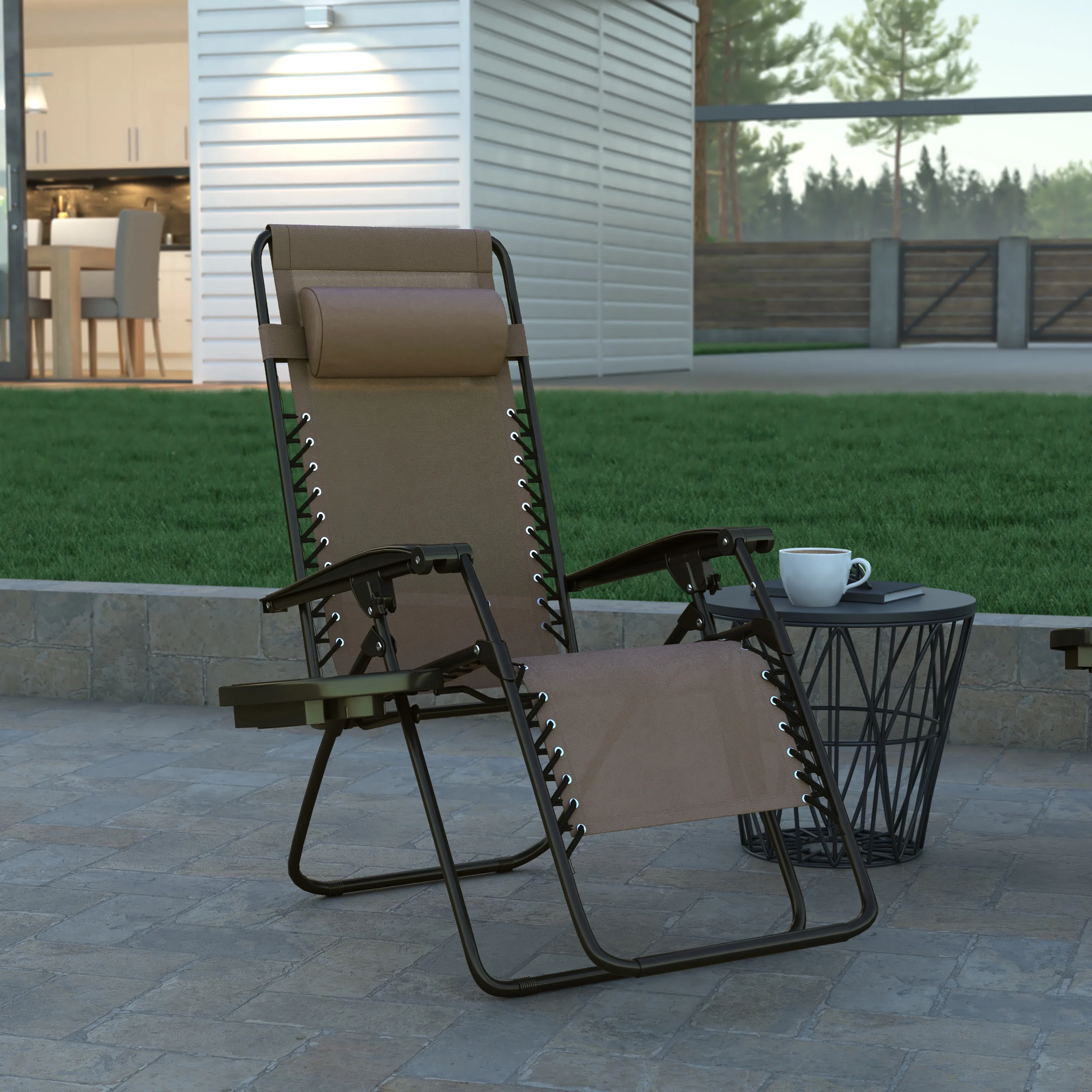 Emma + Oliver Adjustable Folding Mesh Zero Gravity Chair with Pillow and Cup Holder Tray in Brown