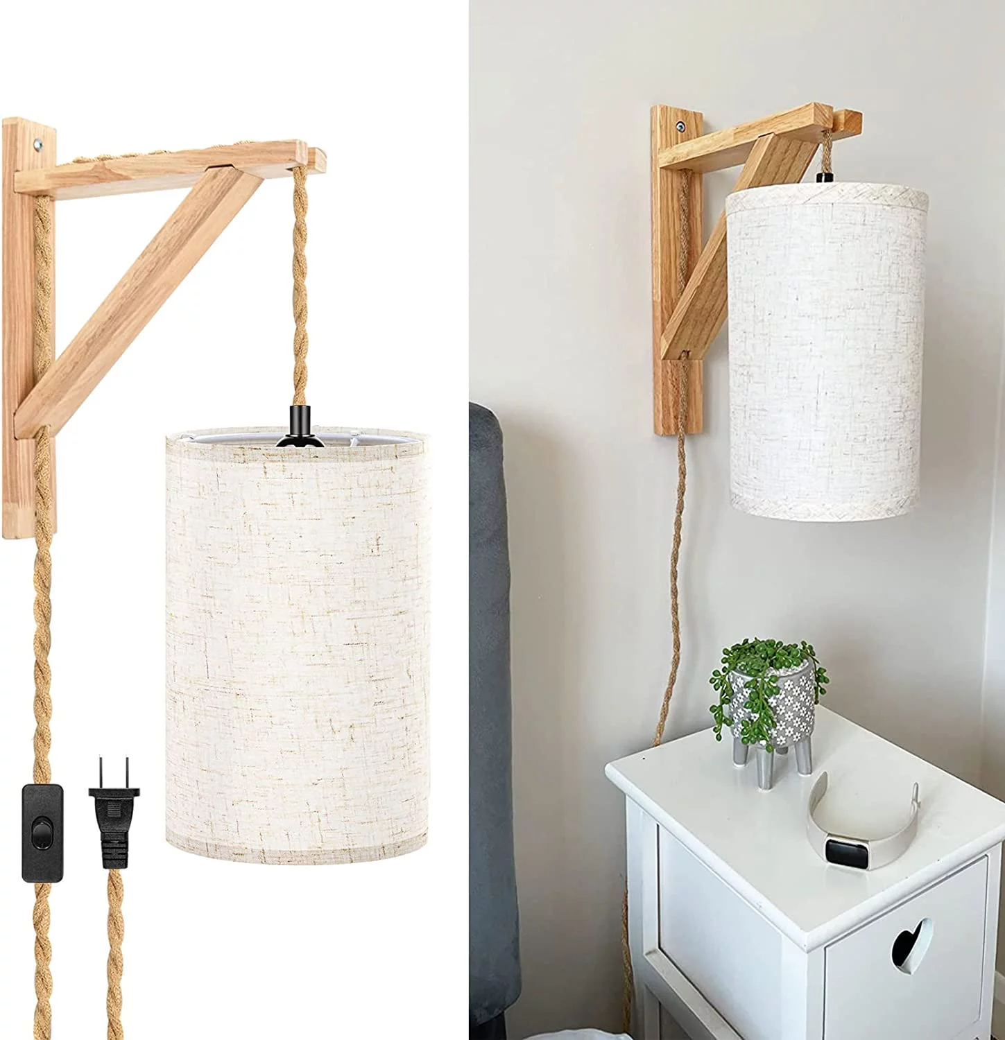 Hemp Rope Wall Lights with Plug in Cord, Farmhouse DIY Pendant Lighting/Wall Sconces, Plug in Wall Sconces Set of Two, Wall Lamps with Linen Shade Wood Shelf Brackets (Bulbs NOT Included)
