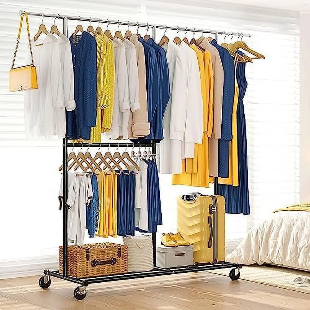 JYHOME Heavy Duty 405LBS Clothing Racks for Hanging Clothes 200+ Rolling  with Wheels Garment Rack Heavy Duty Clothing Rack with Shelves Portable  Metal Gold