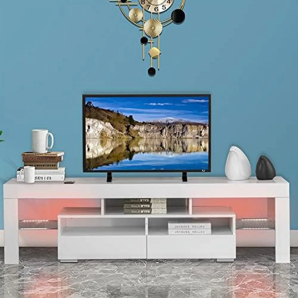 FDIGLUL Glossy LED TV Stand with 16 Colors RGB LED Lights Modern Media  Console with 2 Drawers Television Table TV Cabinet for Up to 70 Inch TV TV Entertainment Center Cabinet for Living