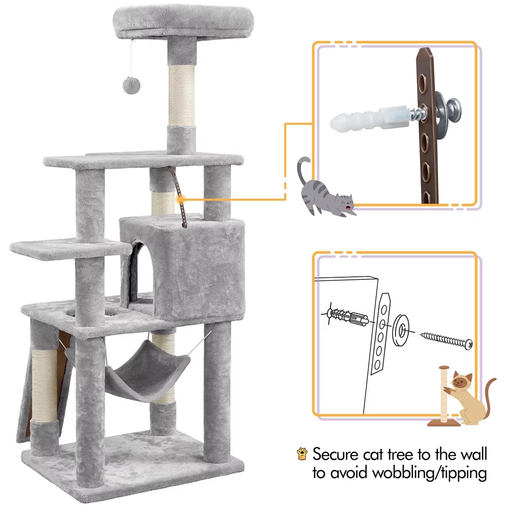 Topeakmart 60.5-in Multilevel Cat Tree Condo Scratching Posts with Hammock Top Perch, Light Gray