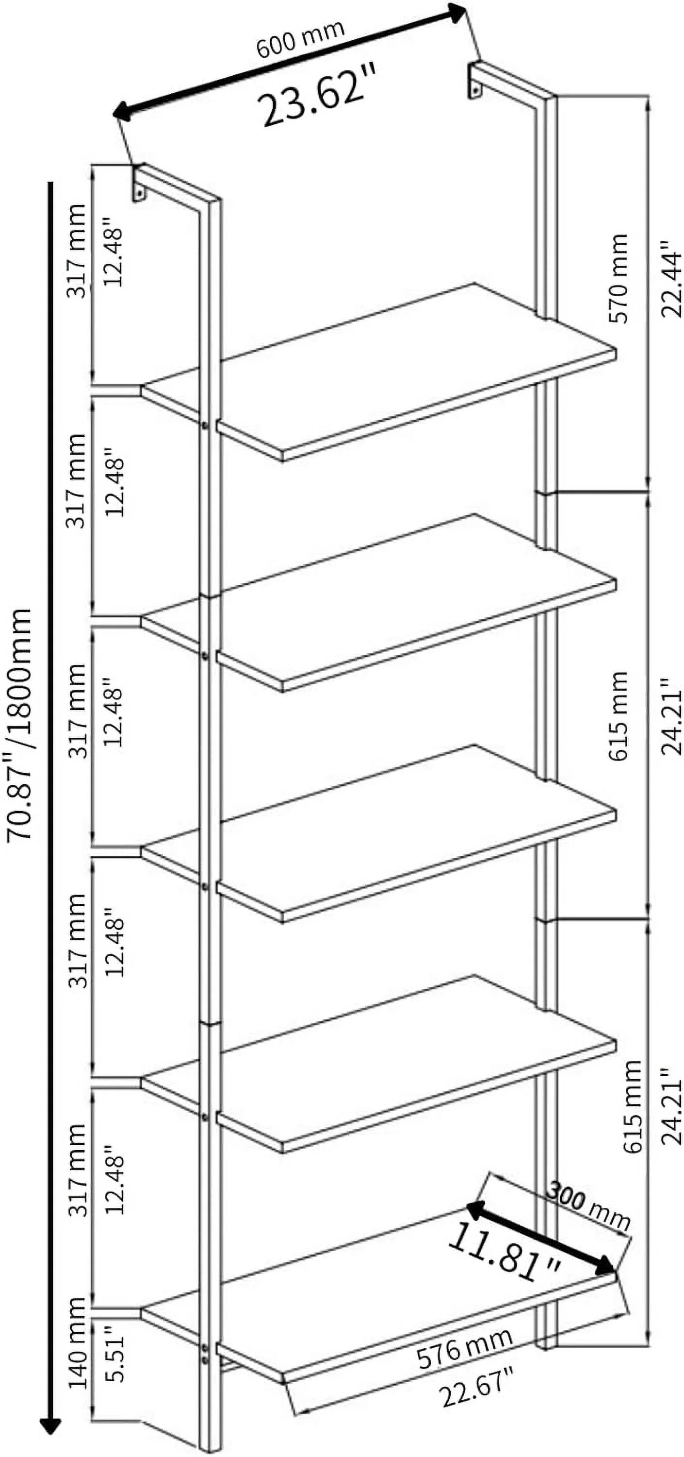 Ladder Shelf 5 Tier Wall Mounted Bookcase with Metal Frame, Open Design Shelves for Living Room, Bedroom, Home, Office, White (23.62