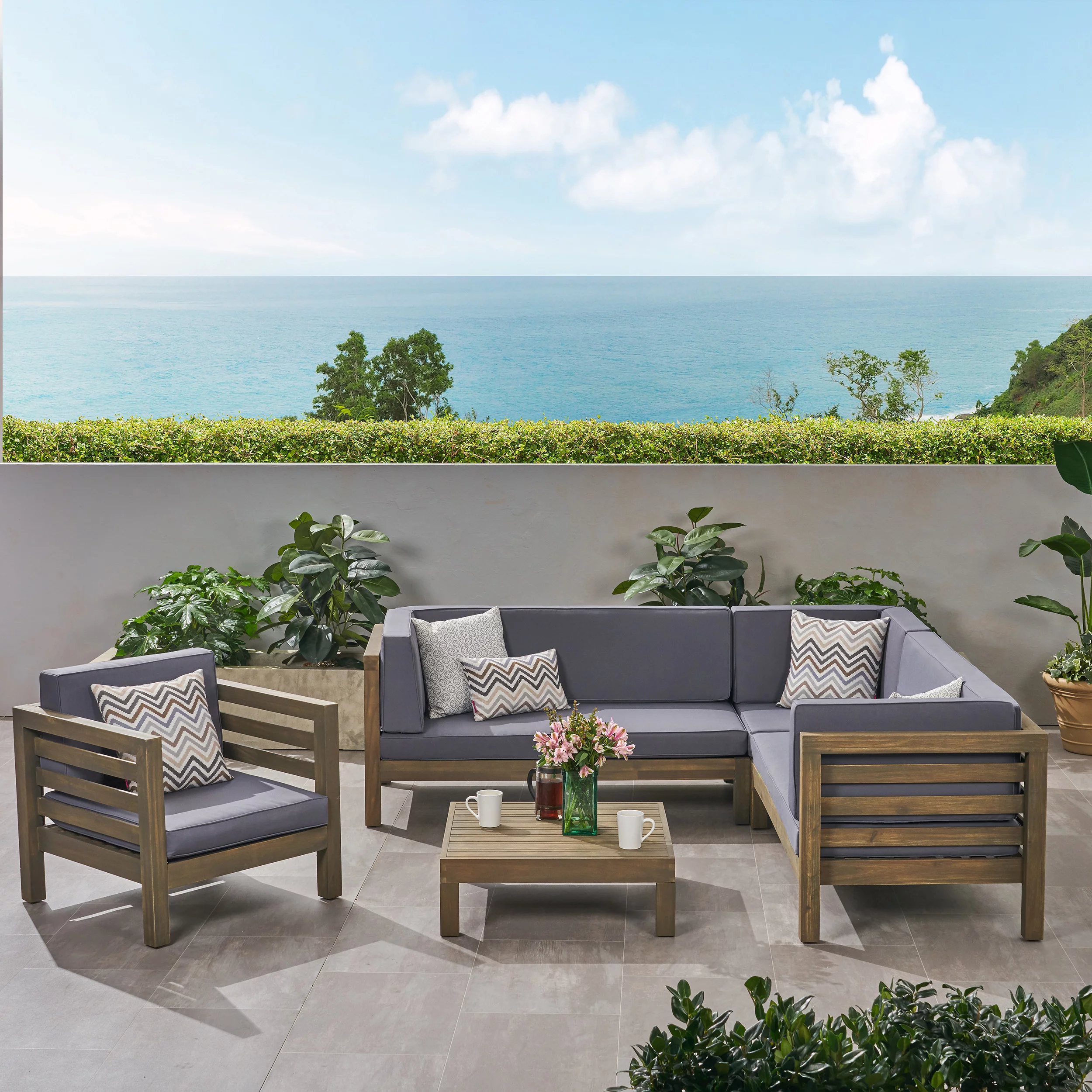GDF Studio Cascada Outdoor Acacia Wood 6 Seater Sectional Sofa Chat Set with Cushions, Gray and Dark Gray