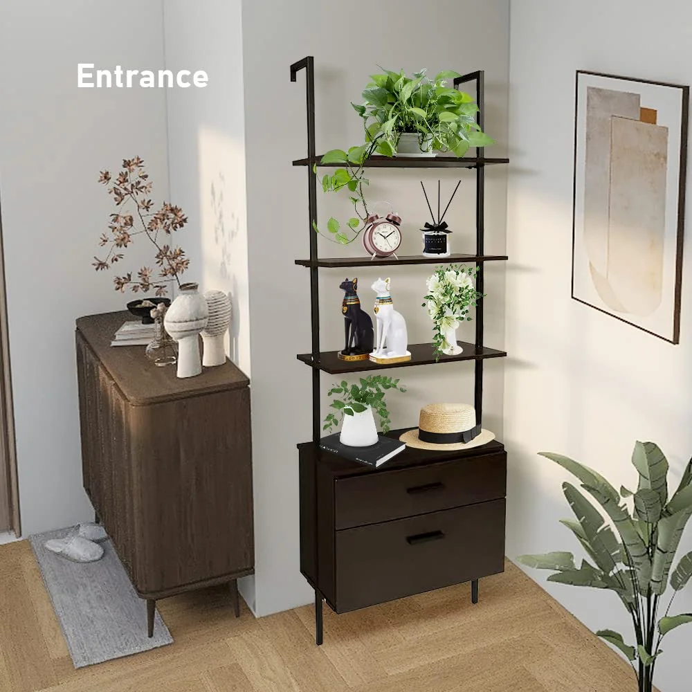 Wall Mounted Ladder Shelf with Drawers, 4 Tier Ladder Bookshelf with Metal Frame and Wood Shelf, Vintage Learning Bookcase for Living Room, Bedroom, Office (23.6