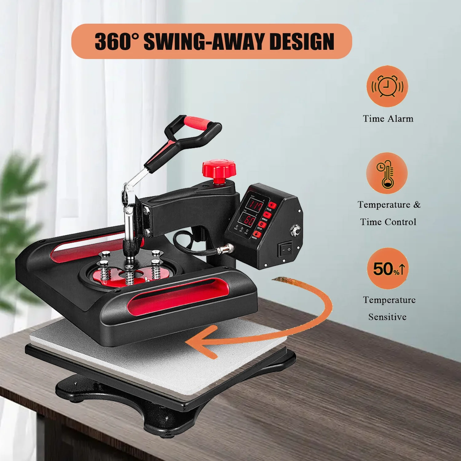 Red Heat Press Machine 5 in 1, 15 x 15 Inches Sublimation Transfer Printer, Digital Precise LCD Control Printing, 360 Swing Away Vinyl Transfer Printer for T-Shirts, Canvas Bag, Pillow, Banner