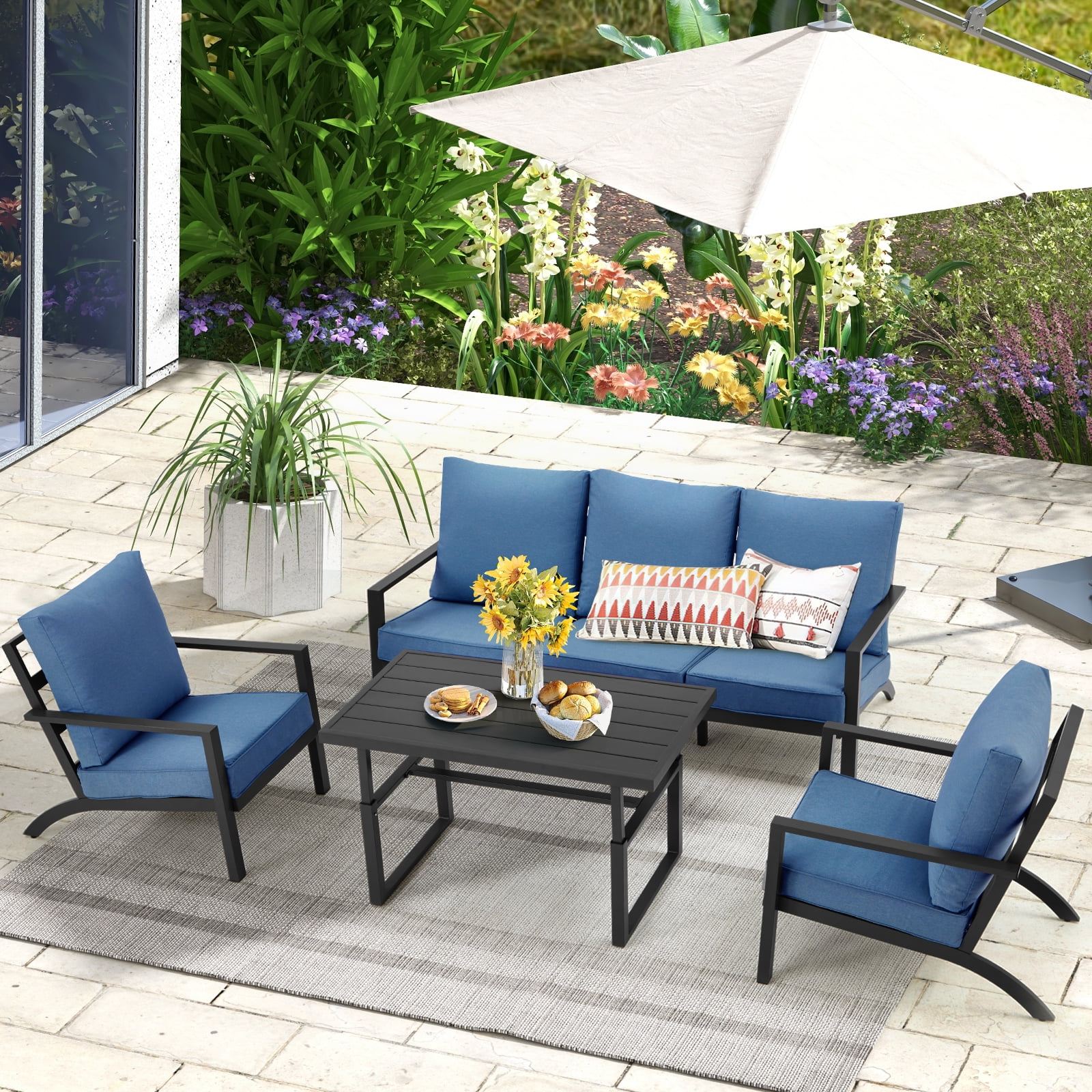 Danrelax 4 Pieces Aluminum Patio Furniture Set,Patio Conversation Set, Blue