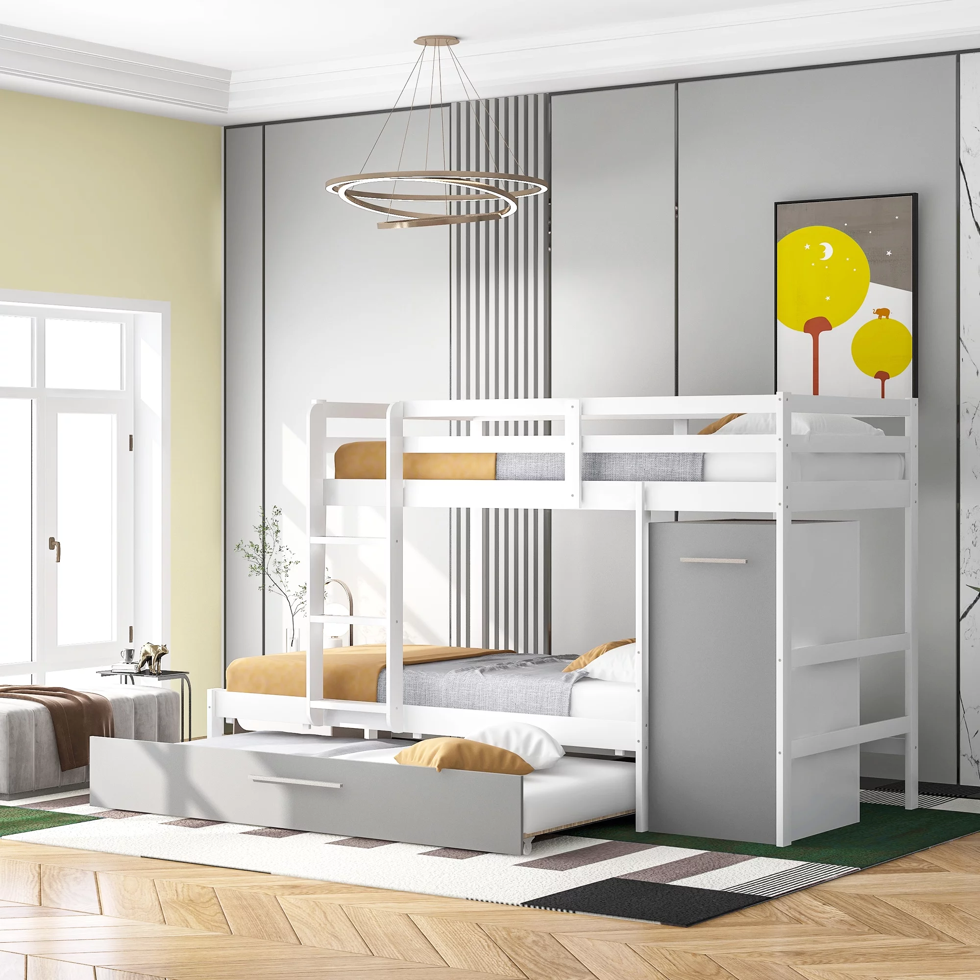 Twin over Twin Bunk Bed with Cabinet and Trundle, White