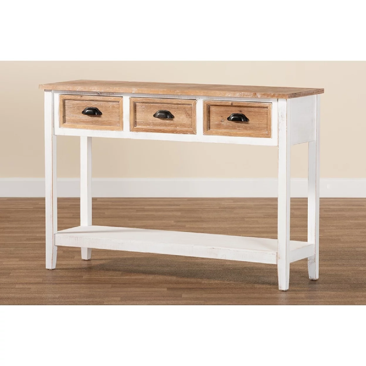 Baxton Studio Benedict Traditional Farmhouse and Rustic Two-Tone White and Oak Brown Finished Wood 3-Drawer Console