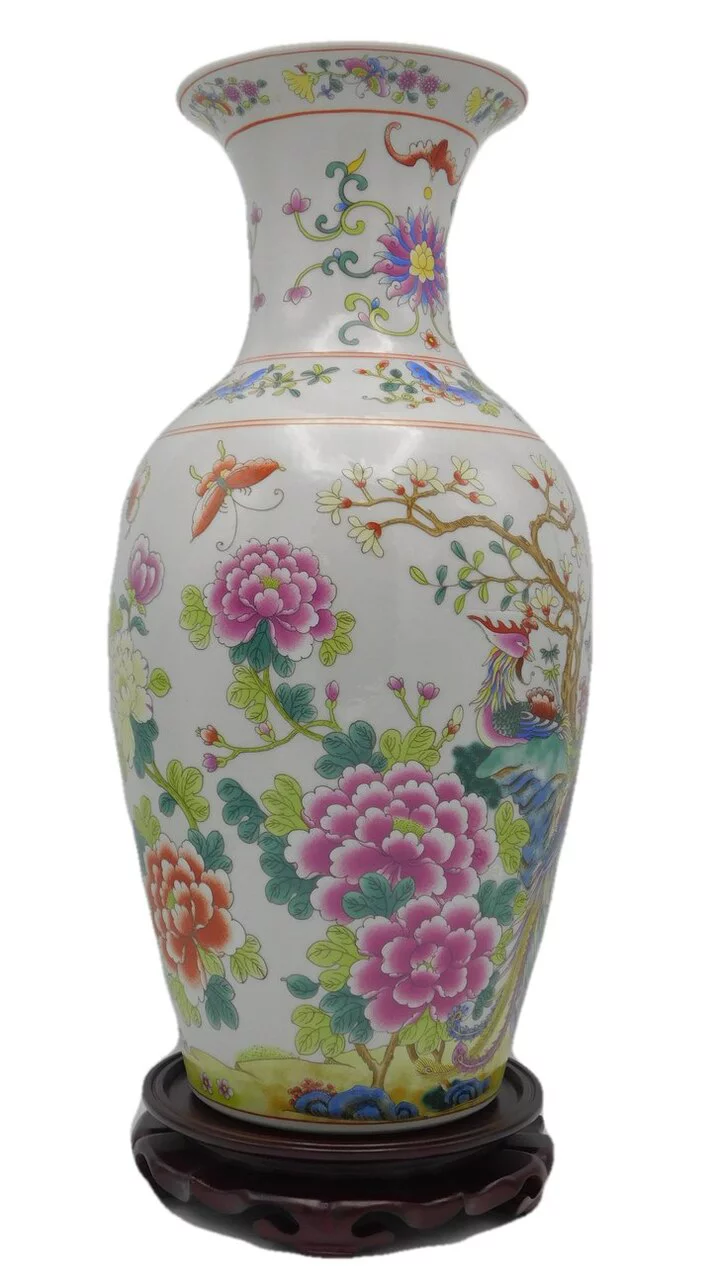 Colorful Fishtail Vase with Flowers, Flowering branch and Pheasants, 17.5