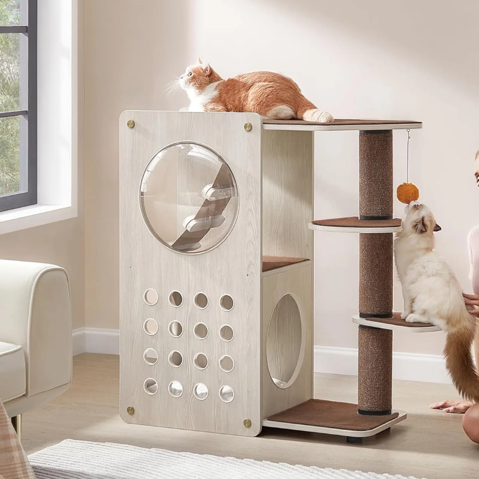 Feandrea Clickat Collection - No.005 Cat Tree Quick Assembly Replaceable Parts Modern Cat Tower with 4.1-Inch Dia. Thick Scratching Post Cat Cave 3 Perches Soft Ladder Cat Condo for Indoor Cats