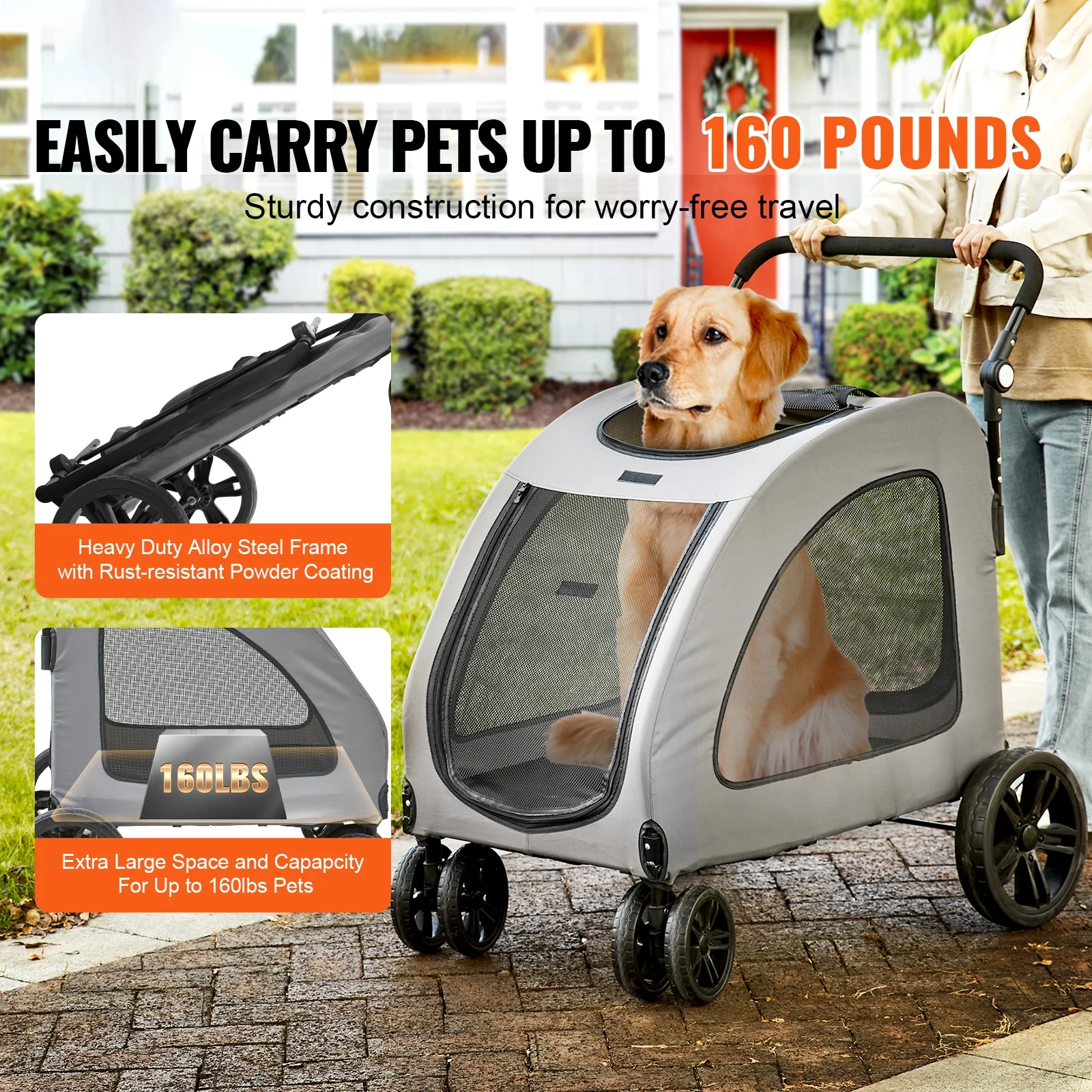 SKYSHALO  Pet Stroller 4 Wheels Dog Stroller with Brakes 160lbs Weight Capacity