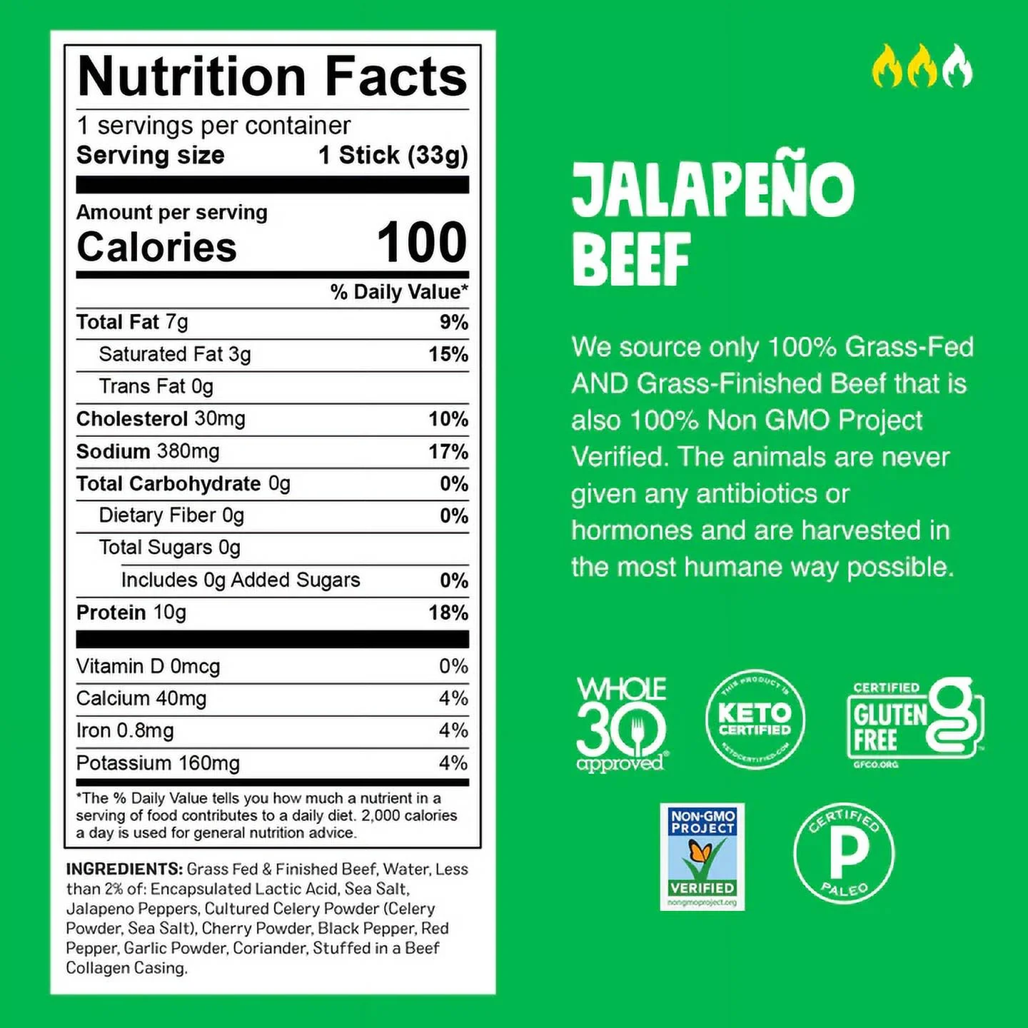 Chomps Grass Fed Beef Jerky Sticks, Jalapeno Beef, High Protein, Gluten Free, Sugar Free, Whole 30 Approved, 24ct 1.15oz