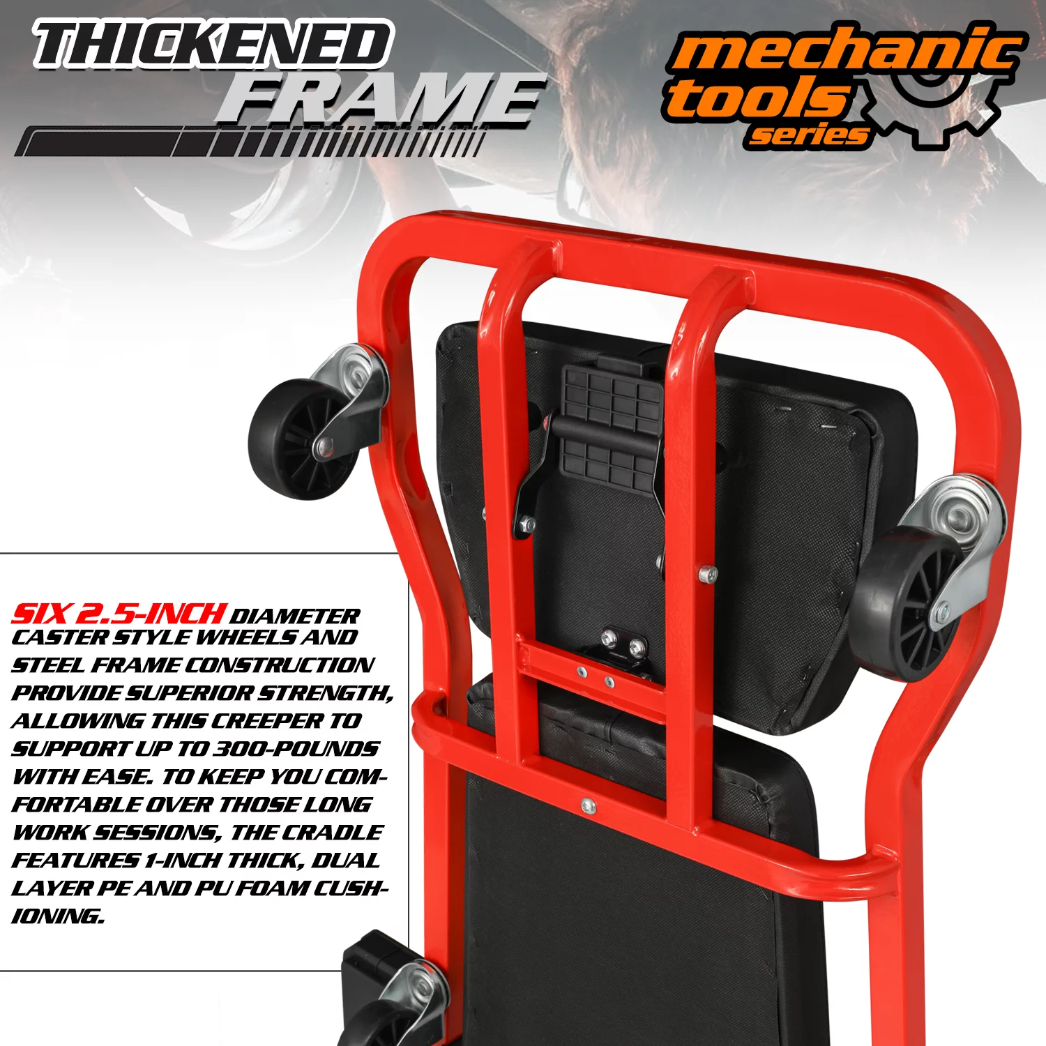 M-AUTO 42.5 Inches Upholstered Rolling Creeper Mechanic Cart with Adjustable Headrest & Handle and 6 Casters, 300 lbs Capacity, Red