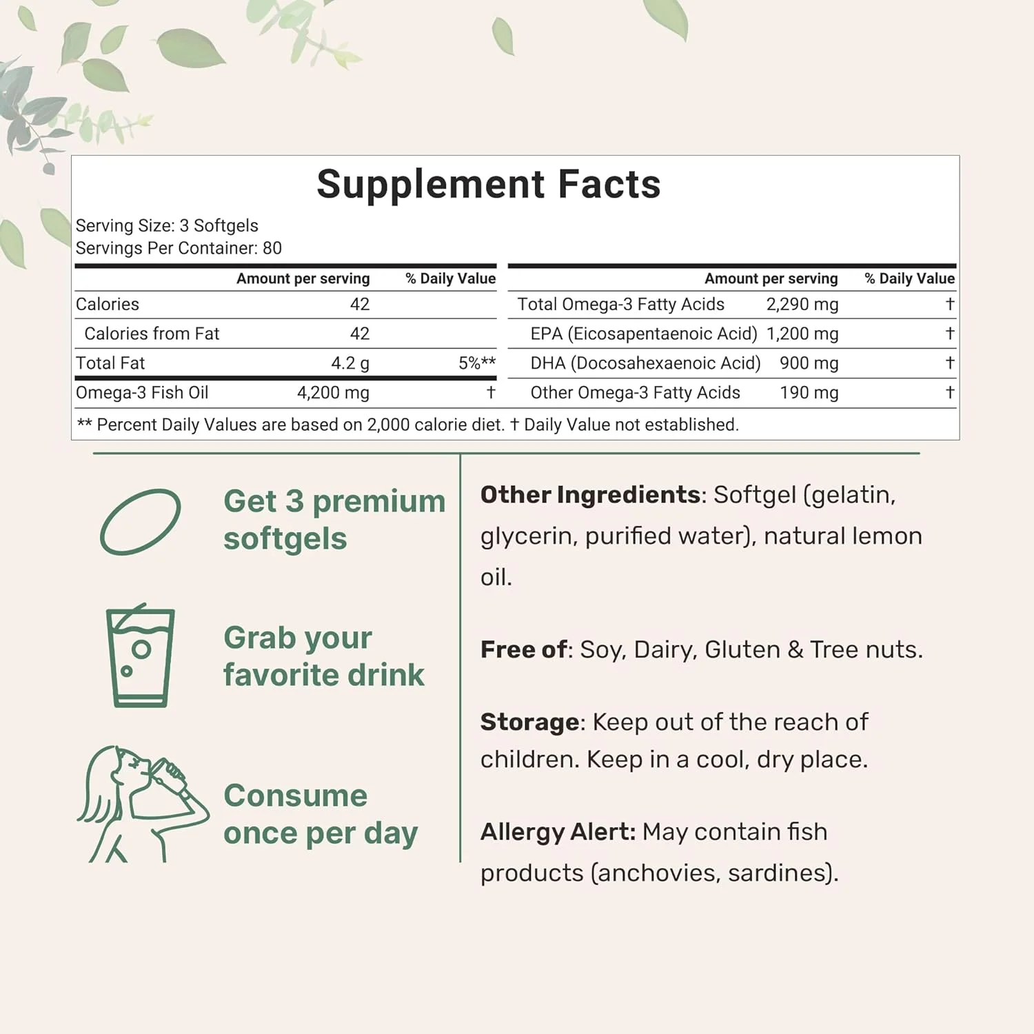 Triple Strength Omega 3 Fish Oil Supplements 4200mg Per Serving, 240 Softgels – Lemon Flavored – Burpless | EPA 1200mg + DHA 900mg | Deep Sea Fish