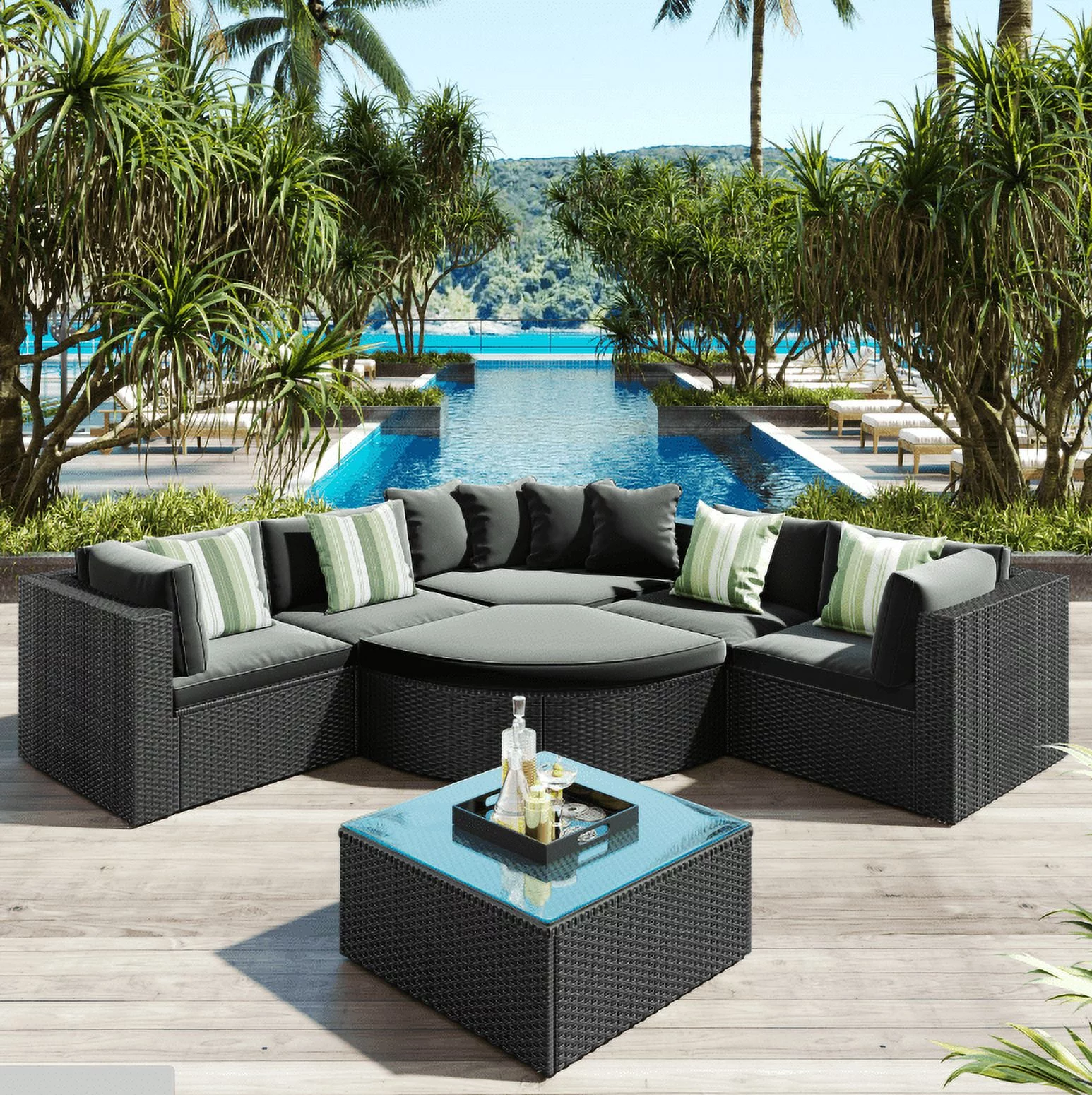 Soges 7 Pieces Patio Conversation Set, Outdoor Sectional Wicker Sofa Set with Pillows, Gray