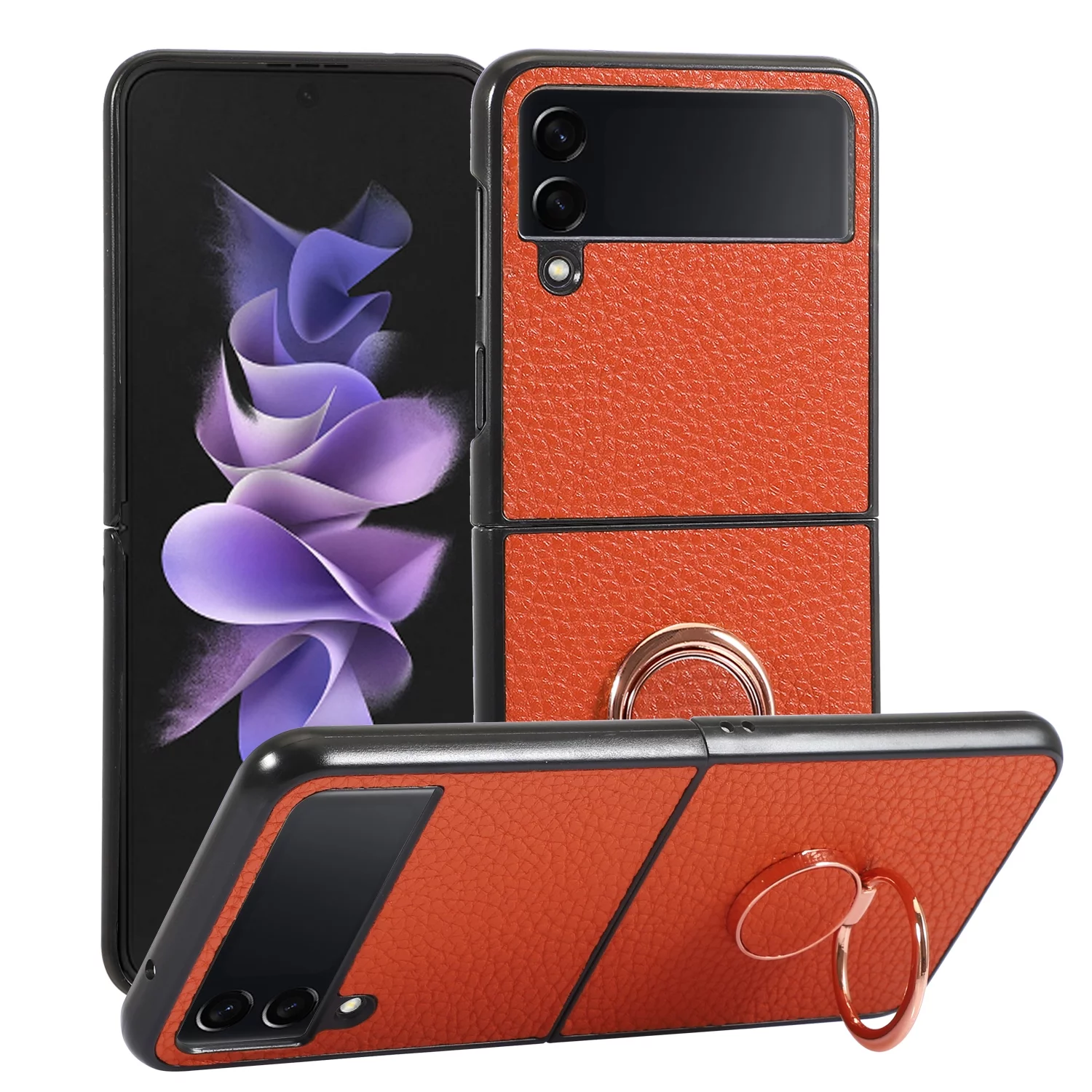 SaniMore for Samsung Galaxy Z Flip 3 Multi-Functional Case, PU Leather Magnetic Cover Built-in Car Mount & Foldable & Adjustable Metal Ring Kickstand Military Grade Protective Shell, Orange