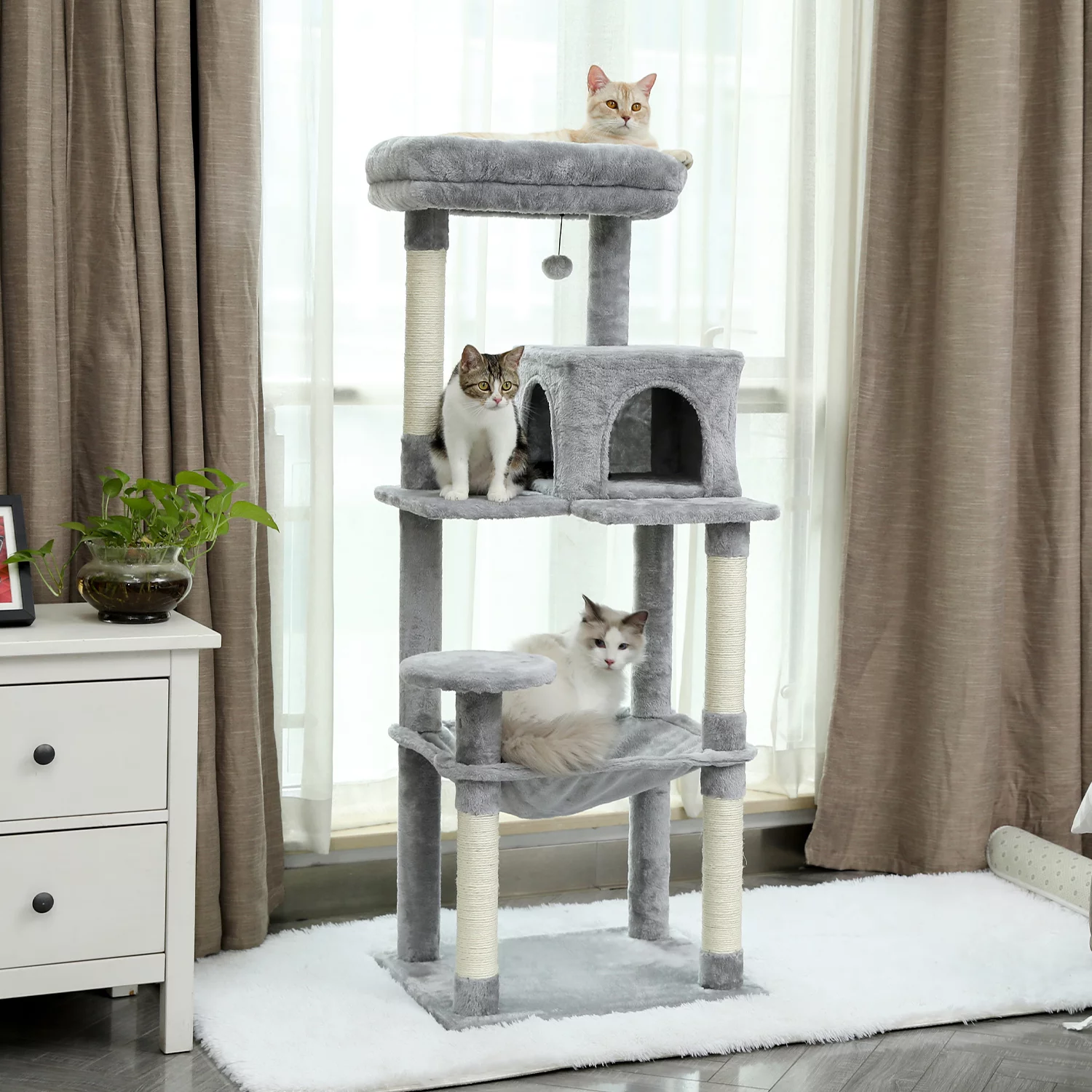 ZephyPaws Cat Tree 56.2” Cat Tower with Sisal Scratching Post ,Cozy Condo, Top Perch, Hammock and Dangling Ball Grey