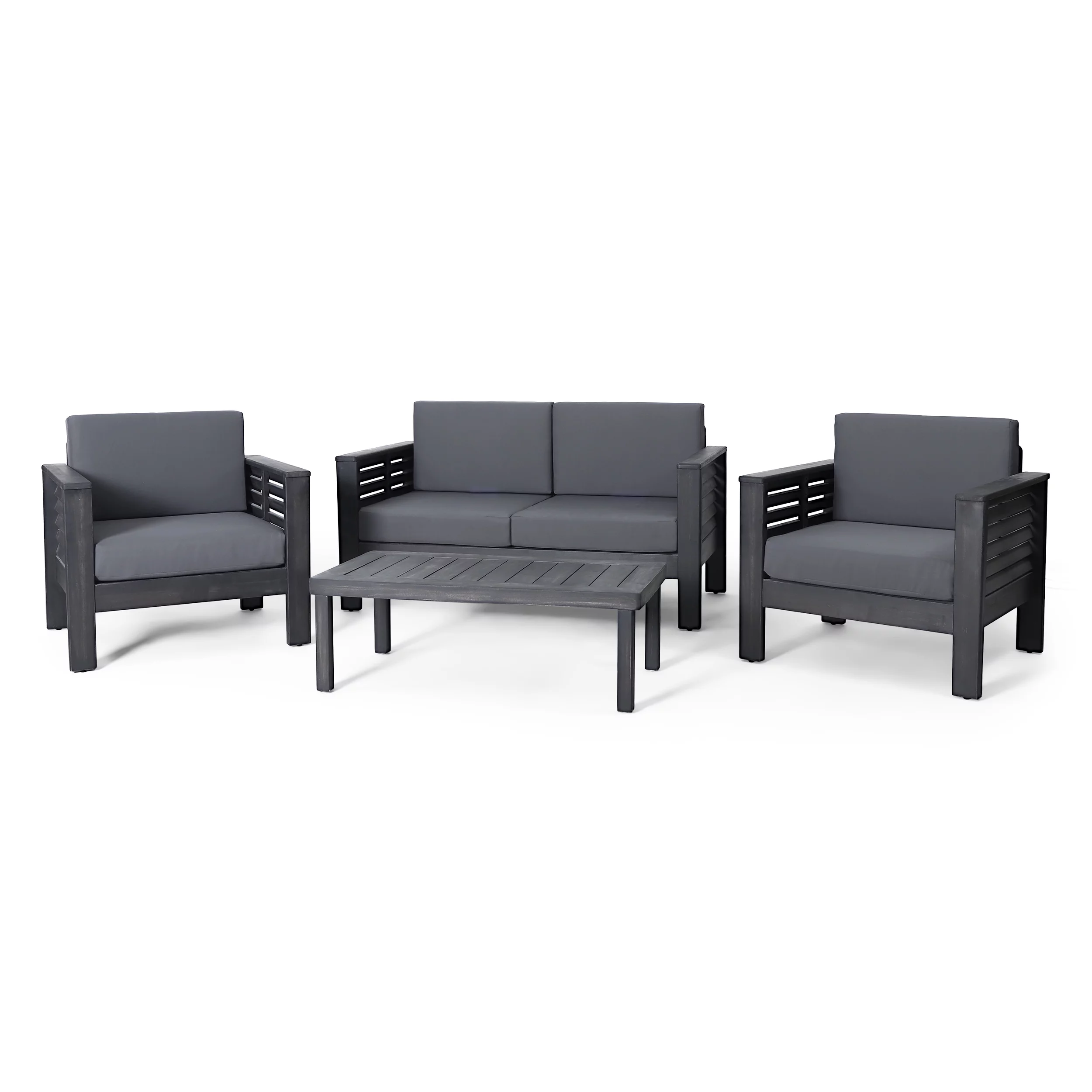 Rabun Outdoor Acacia Wood 4 Seater Chat Set with Cushions, Dark Gray