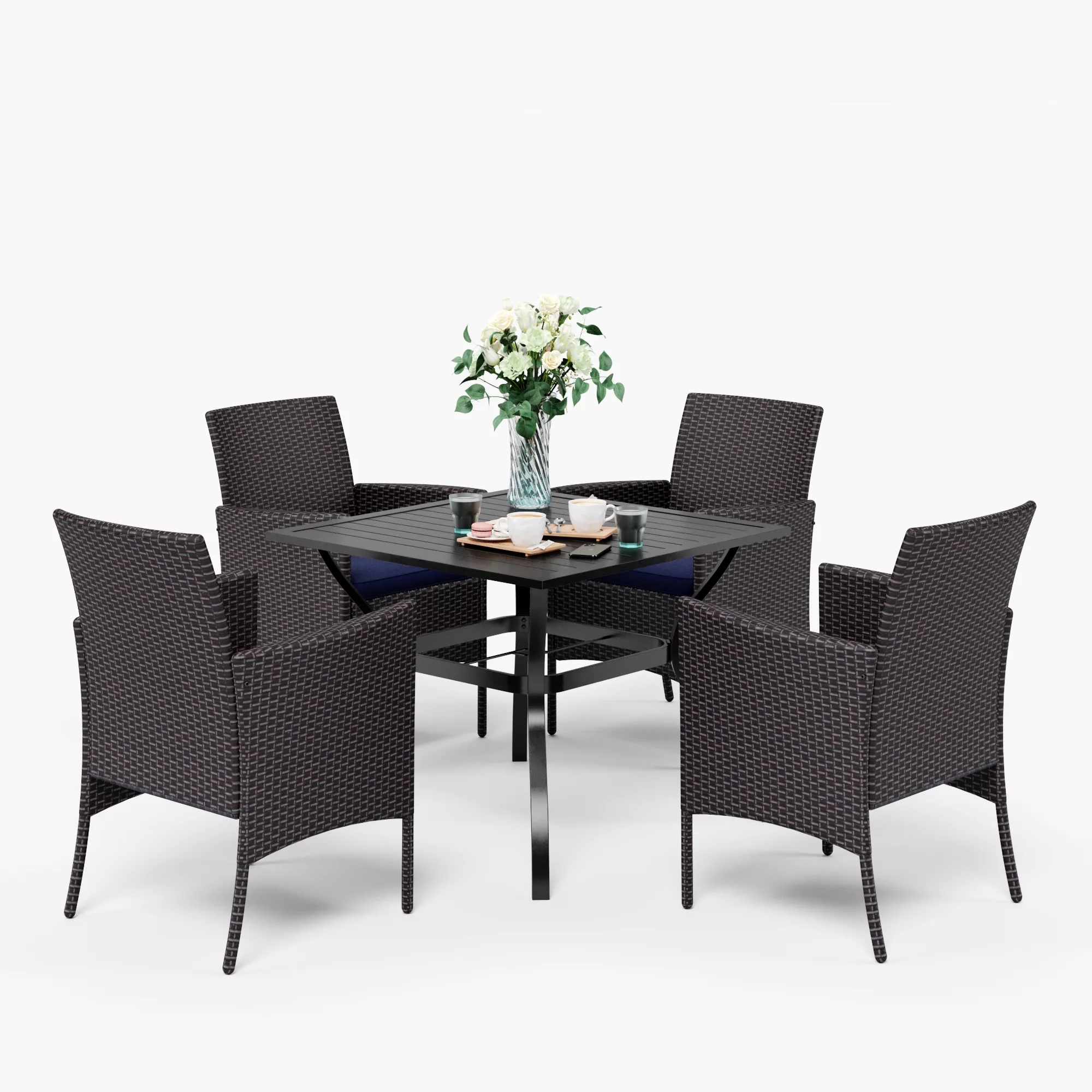MF Studio 5 Piece Outdoor Patio Dining Set with 4 Rattan Dining Chairs and 1PC Metal Dining Table, Black