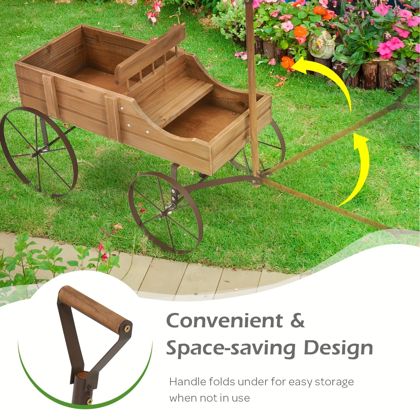 COSTWAY Wooden Garden Flower Planter Wagon Plant Bed W/ Wheel Garden Yard Brown