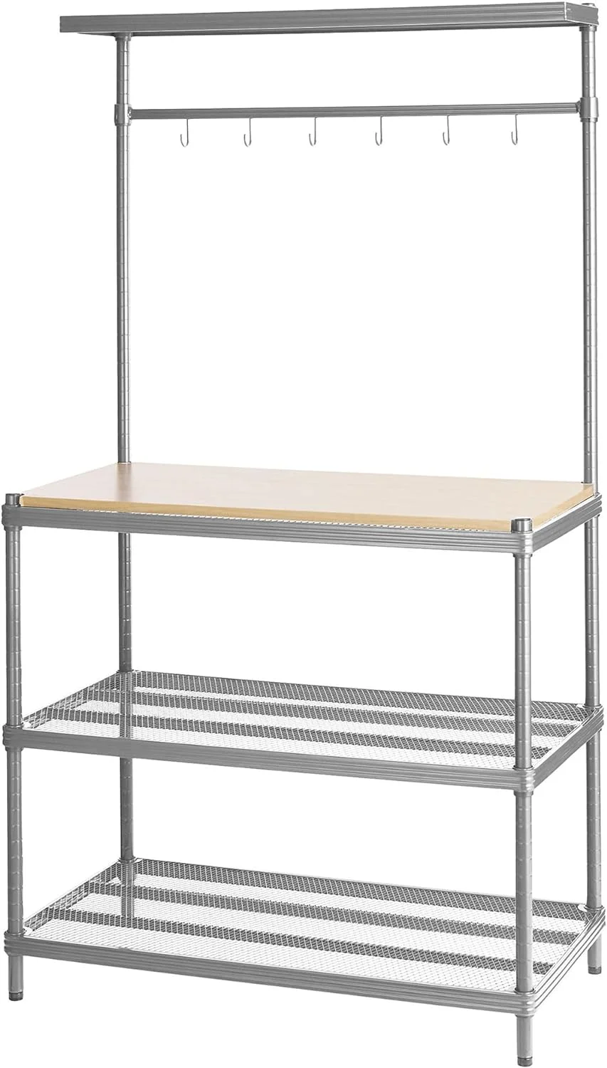 Meshworks Metal Storage Utility Wood Top Shelving Unit Rack For Garage And Kitchen Storage, 35.4” X 17.7” X 63”, Silver