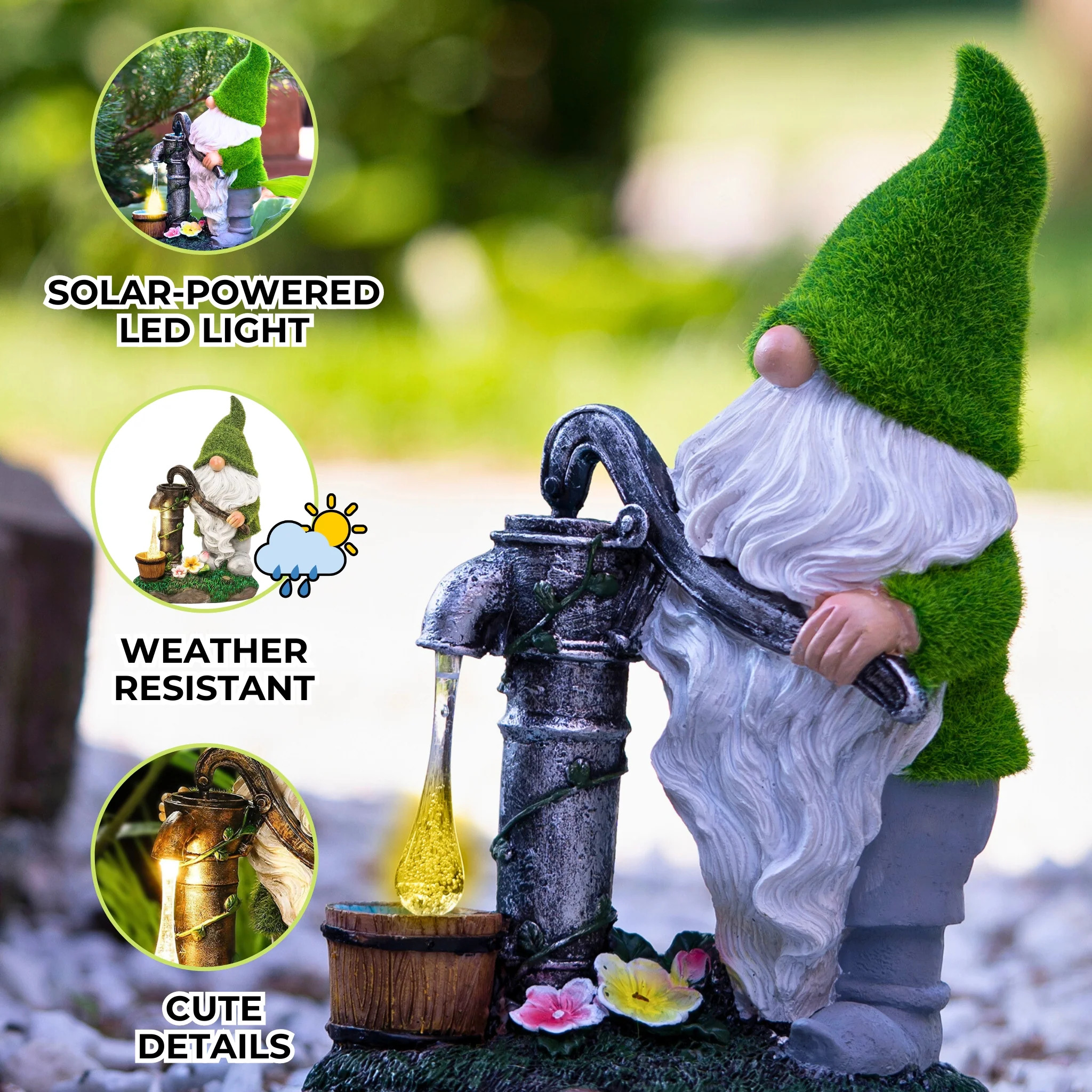 Garden Gnome Solar Light, Green White Garden Gnome, Polyresin Yard Art, Lawn Ornament, Outdoor Decor 12 inch, 30 cm