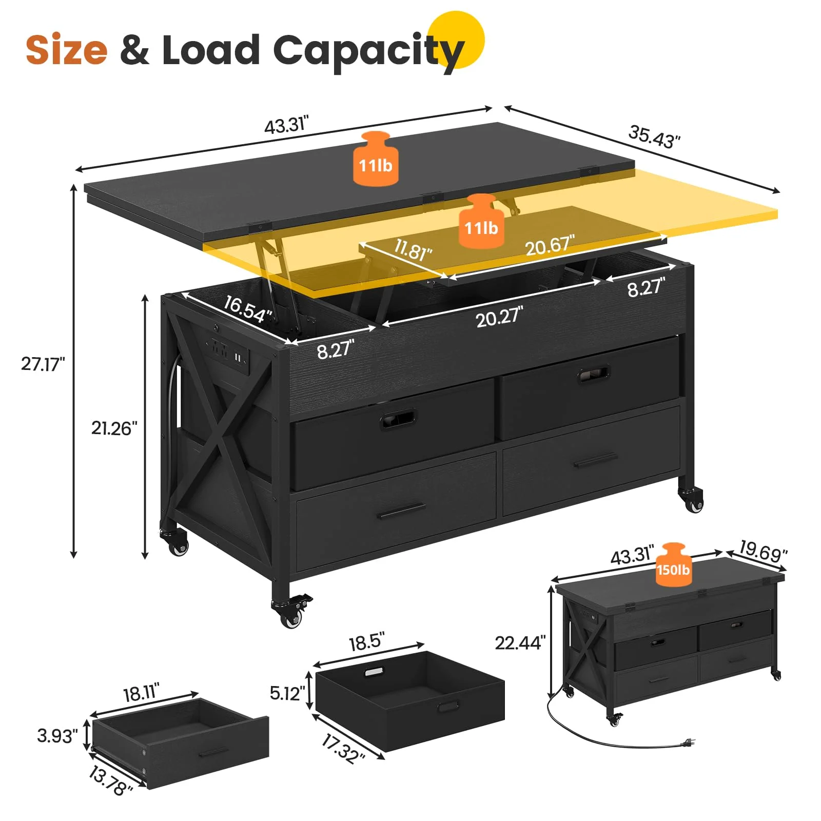 4 in 1 Lift Top Coffee Table with Power Outlet, Center Table with 4 Drawers, Black