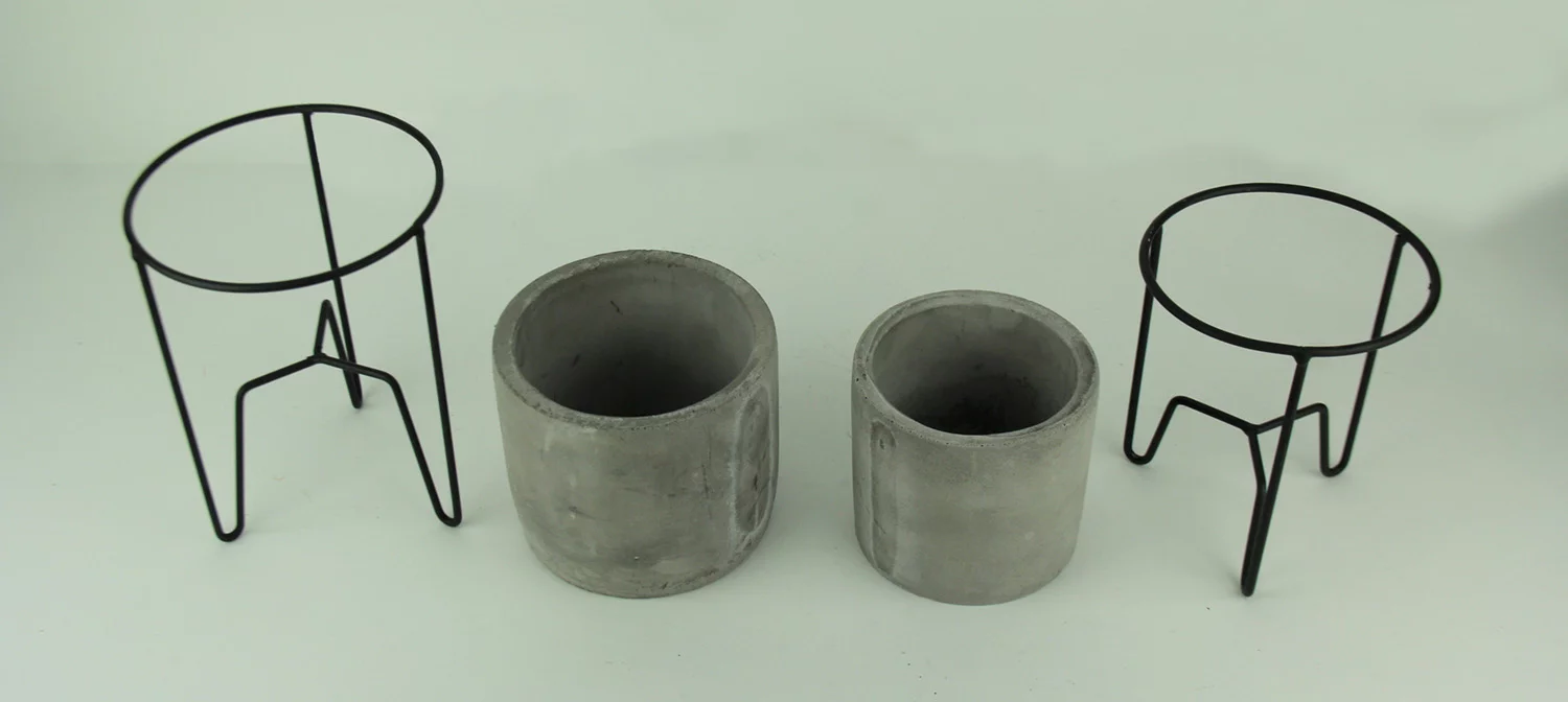 Gerson Modern Cement Planters in Black Metal Stands Set of 2