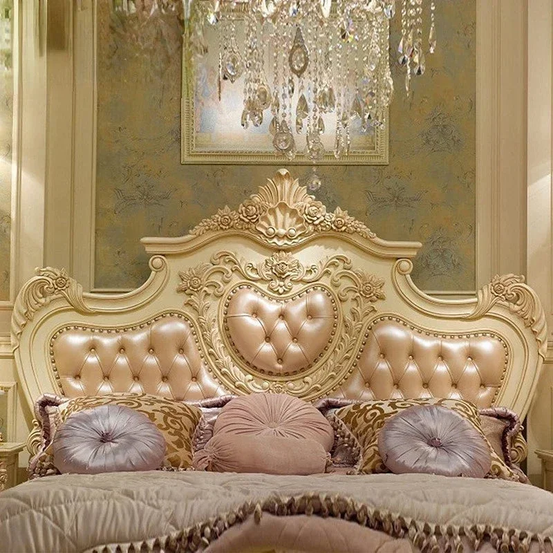 European-style solid wood leather bed villa bedroom leather double bed luxury wedding bed custom furniture