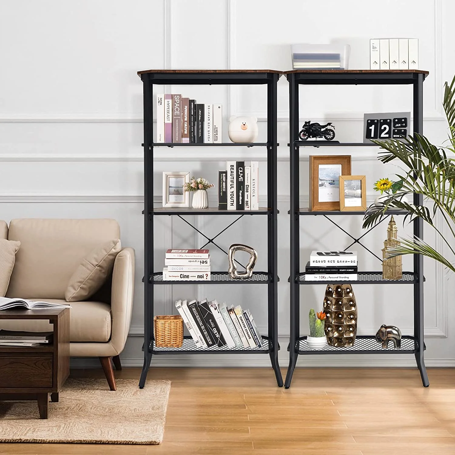 Industrial 5-Tier Bookshelf, Rustic Brown Open Shelving with Steel Frame, Vintage Freestanding Display Shelf Storage Rack, 68