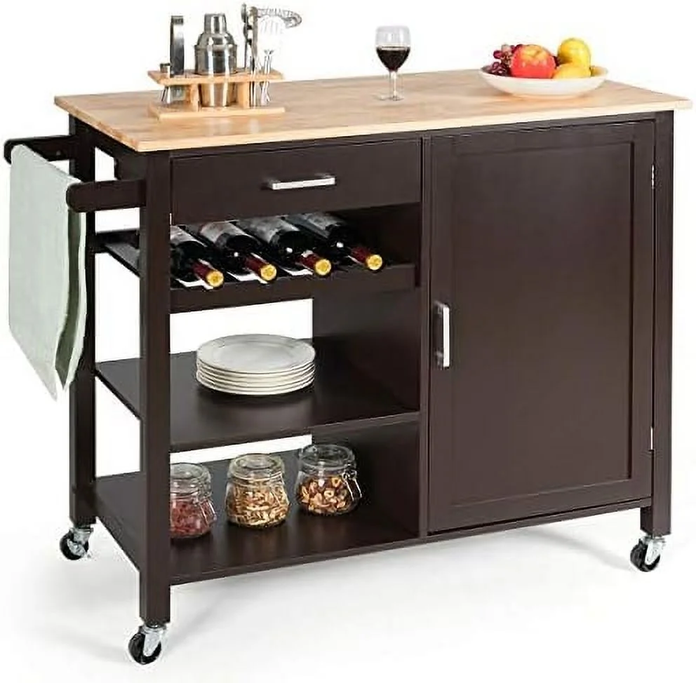 HYHBIBOOM Rolling Kitchen Trolley Cart  Utility Kitchen Cart with Rubber Wood Top  Towel Rack and Lockable Wheels  Rolling Kitchen Island Cart Trolley  Cabinet Towel Rack Drawer Shelves