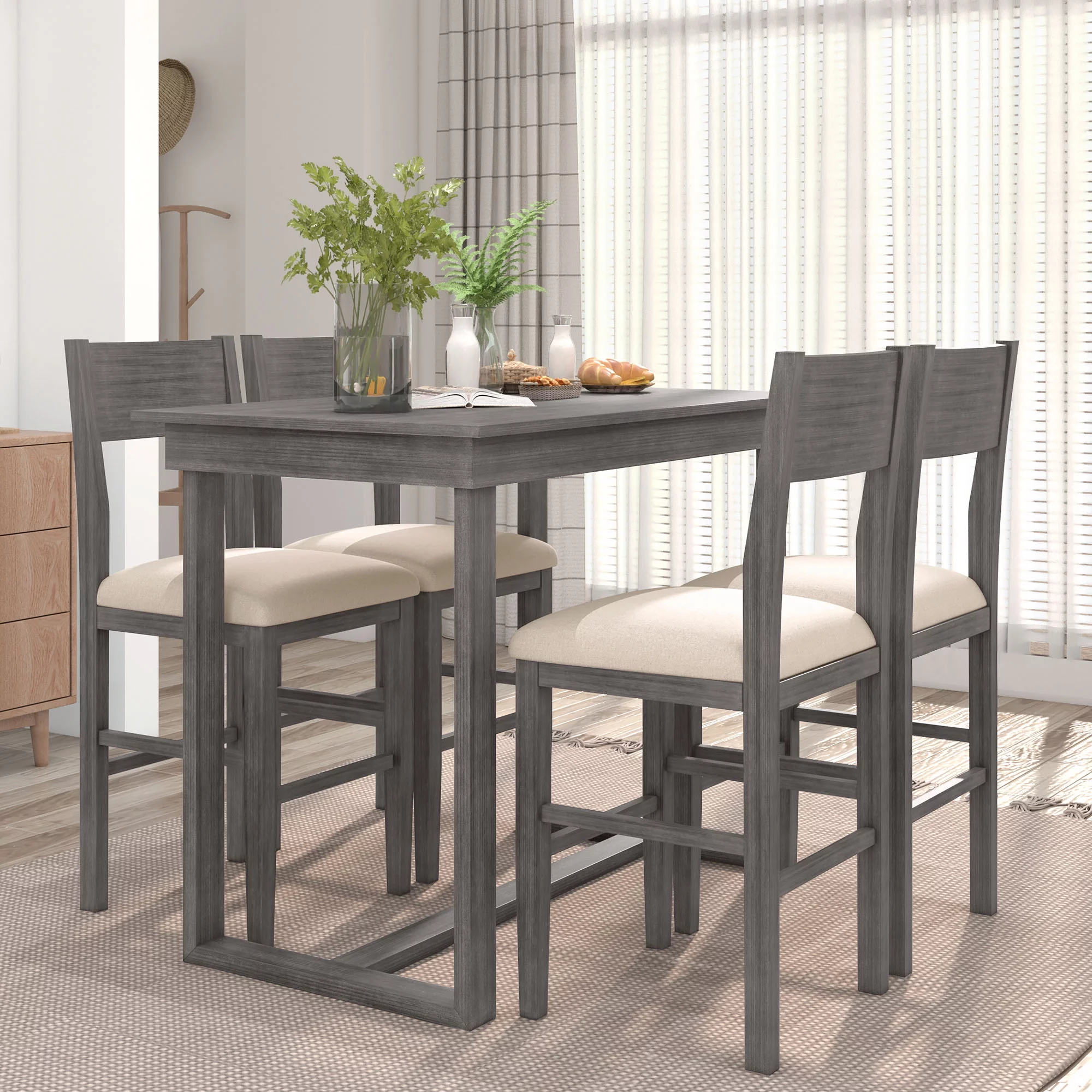 CoSoTower Farmhouse Counter Height 5-Piece Dining Table Set with 1 Rectangular Dining Table and 4 Dining Chairs for Small Places,Gray