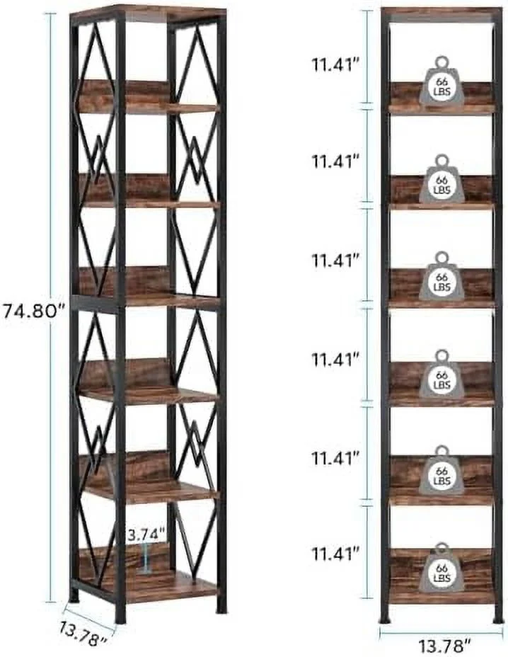 GVJMTKP 6-Tier Bookshelf  Shelves  75 Inches Tall Narrow Bookcase with Heavy Duty Metal Frame  Skinny Open  Display Rack for Living Room  Bedroom  Kitchen  Bathroom  Brown