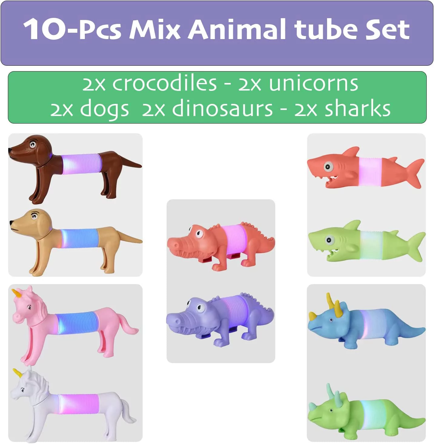Thalia 10 Pack Cool LED Light Animal Pop Tubes Cool Fidget Toys Gift For Children, Girls and Boys - Educational,Stress-Relieving & Satisfying Sensory Toys