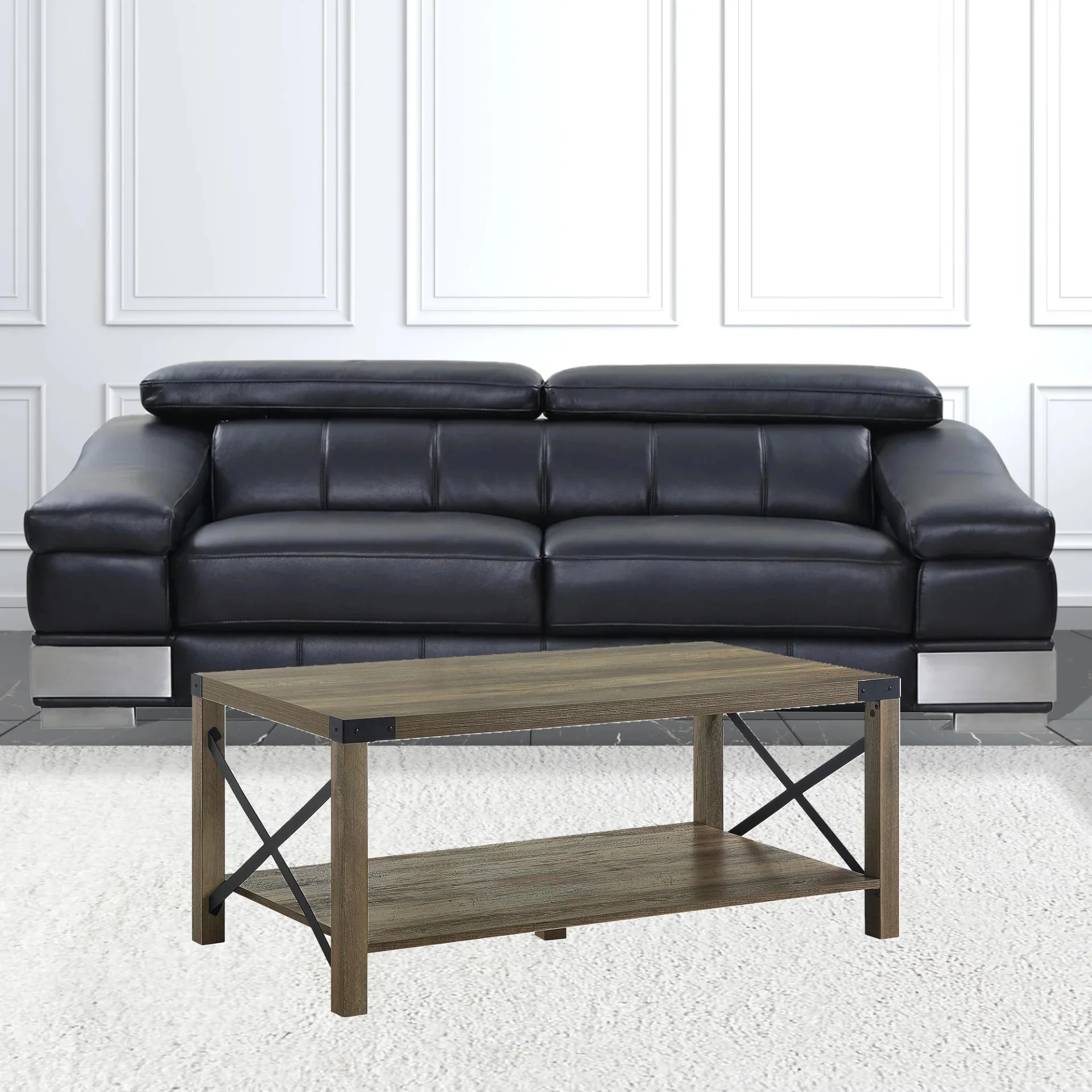 HomeRoots 490577 47 in. Manufactured Wood Rectangular Coffee Table with Shelf, Rustic Oak