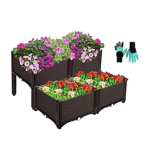 Elevated Planters Raised Garden Beds Plastic, Vegetables Plant Raised Bed Kits, Herbs Flowers Growing Box Container with Legs & Drainage Holes for Garden Patio Balcony Restaurant, Brown (2 Packs)