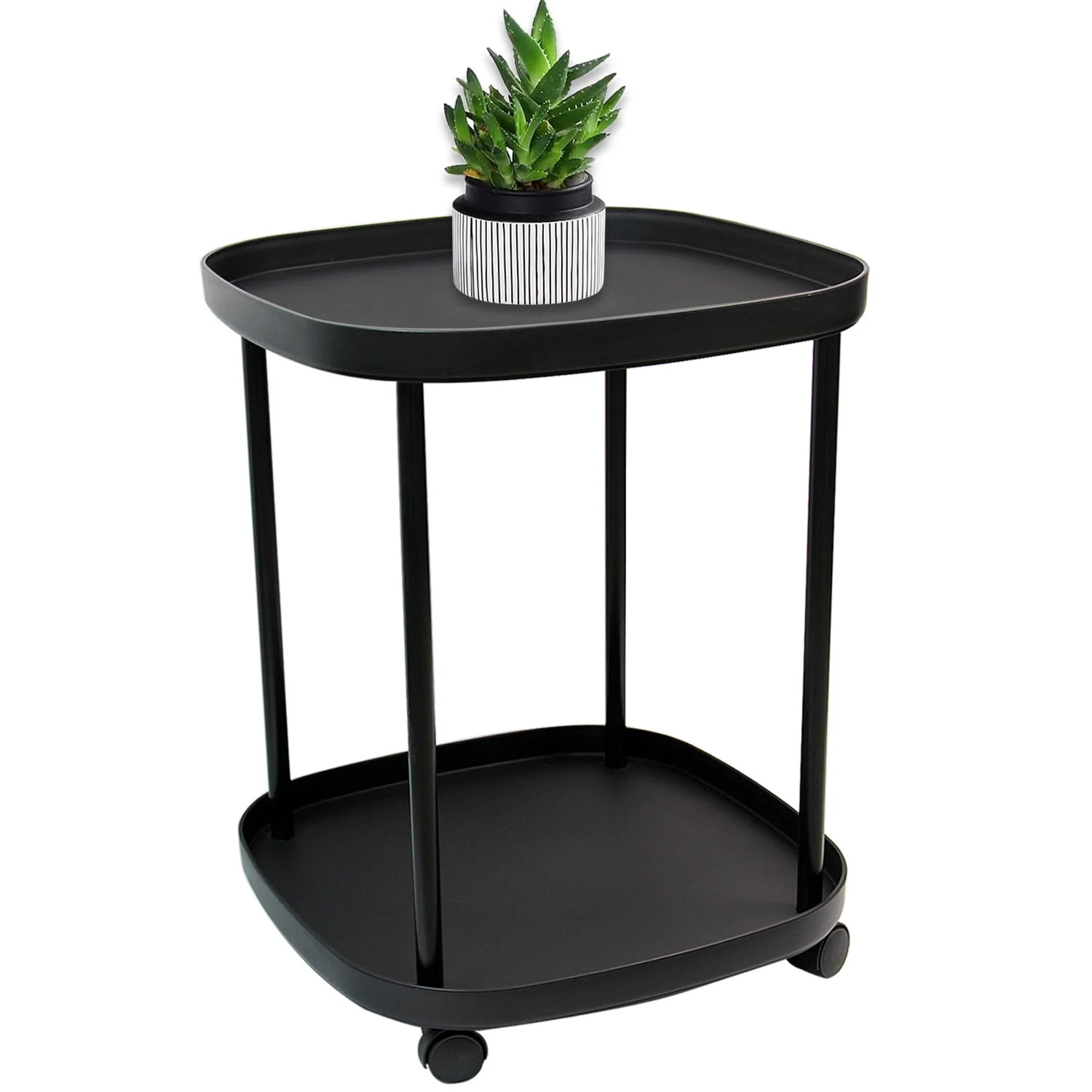 2-layer end table, tray waterproof top table, square wheeled plastic side table, metal bracket sofa coffee table, suitable for living room, bedroom, bathroom, office (black)