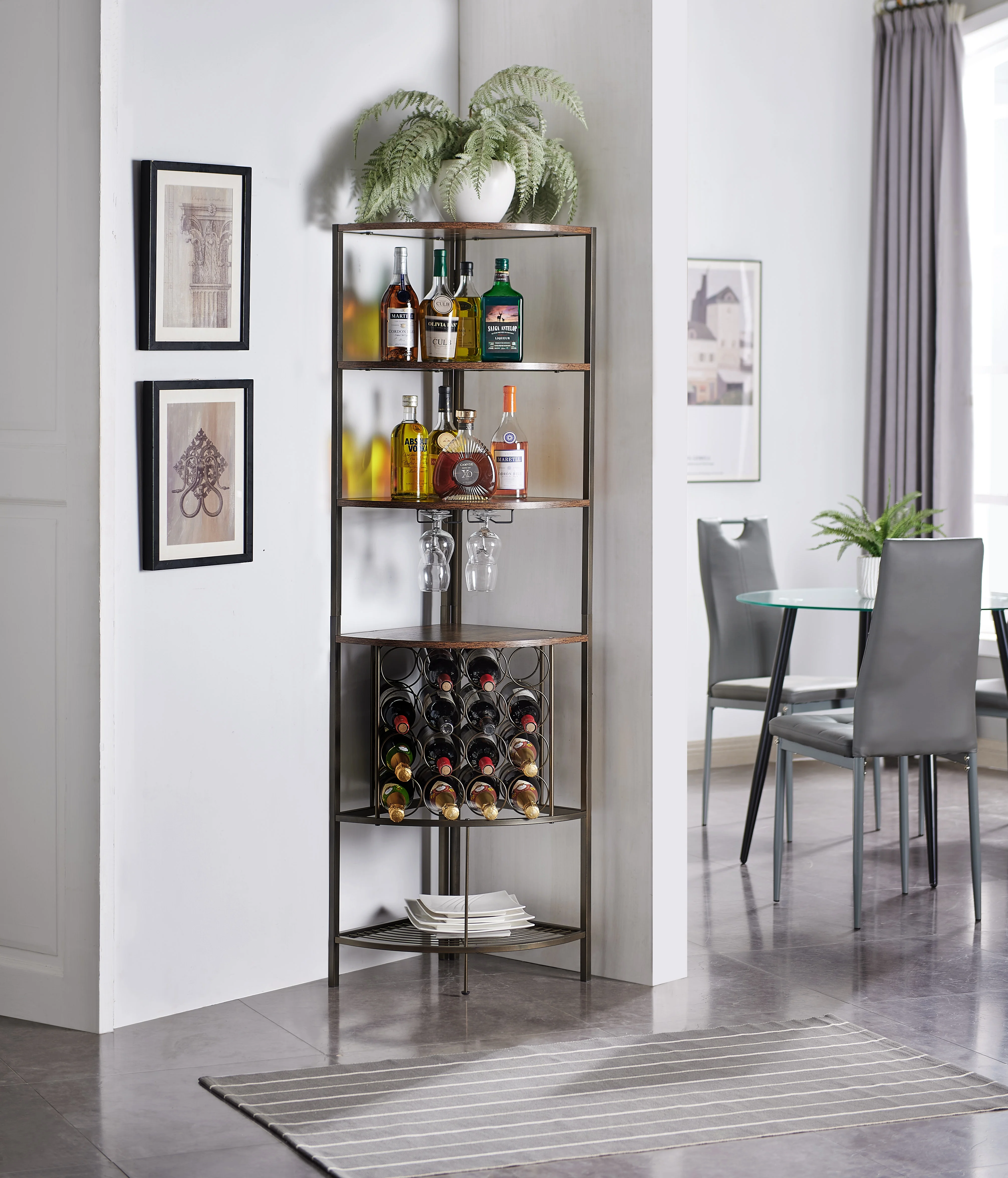 Kings Brand Furniture - 5 Tier Corner Wine Rack with Glass Holder and Storage Shelves, Wine Bar Cabinet for Living Room, Dining Room, Kitchen, Brown Oak/Black