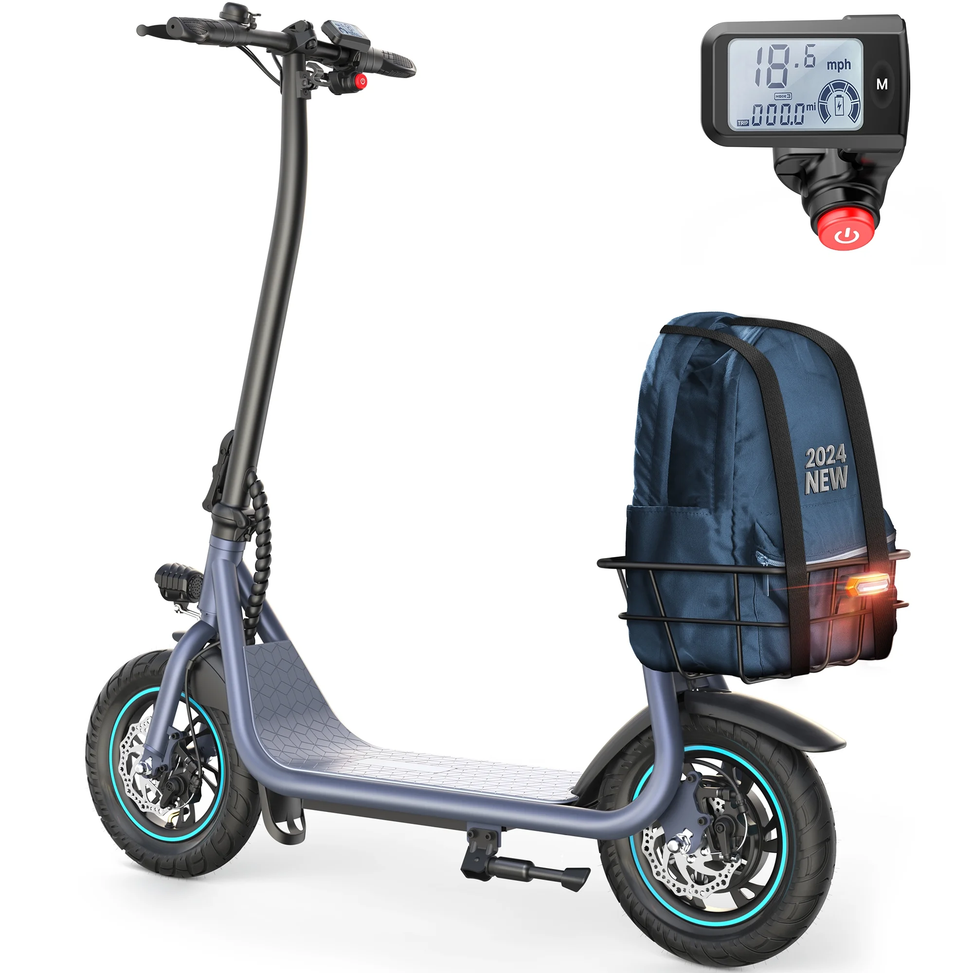 Kistp 550W Electric Scooter for Adults, 12 inch Commuter Electric Scooter with Basket and Wide Deck - up to 20 Miles 18.6MPH-Blue