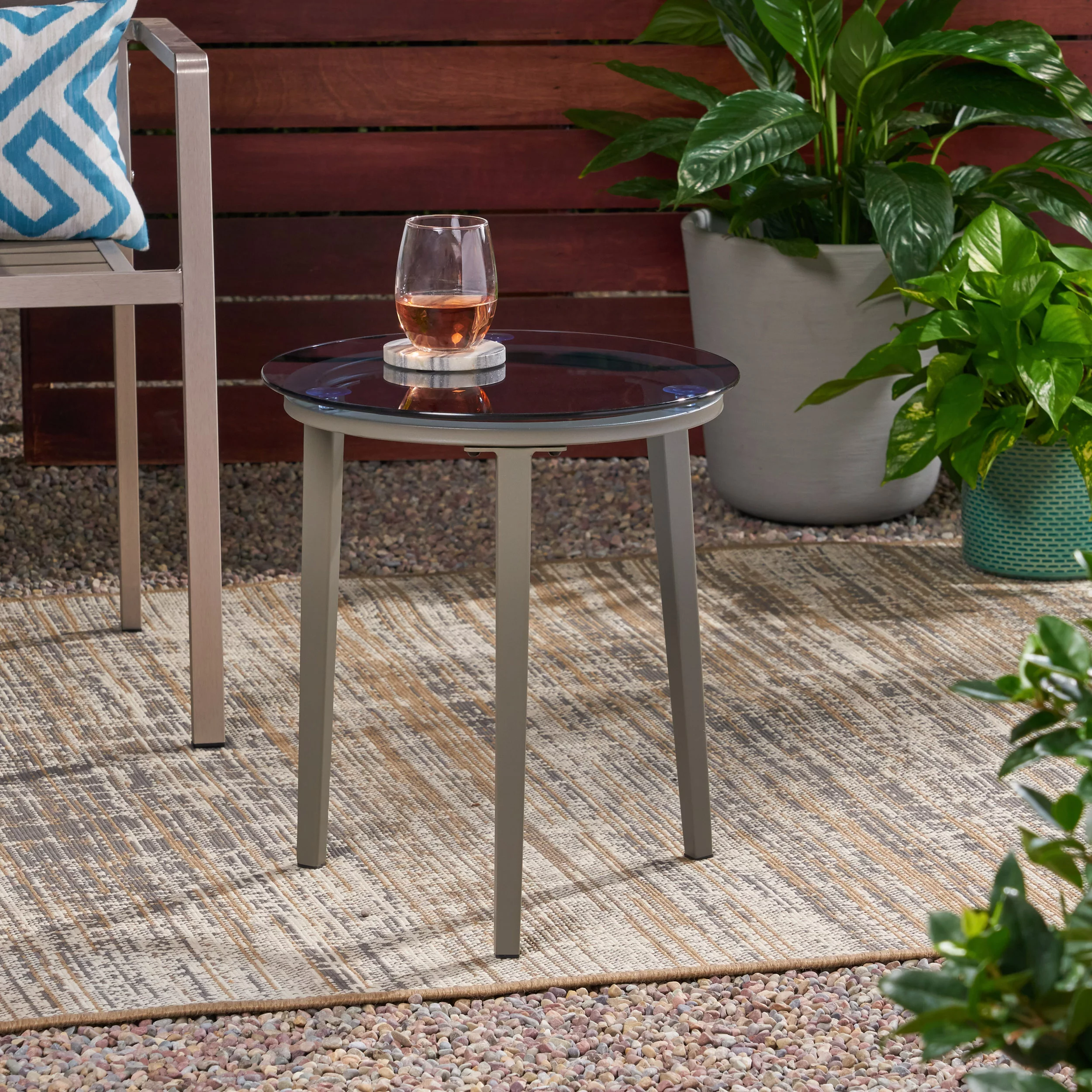 GDF Studio San Juan Outdoor Glass Top Side Table, Gray