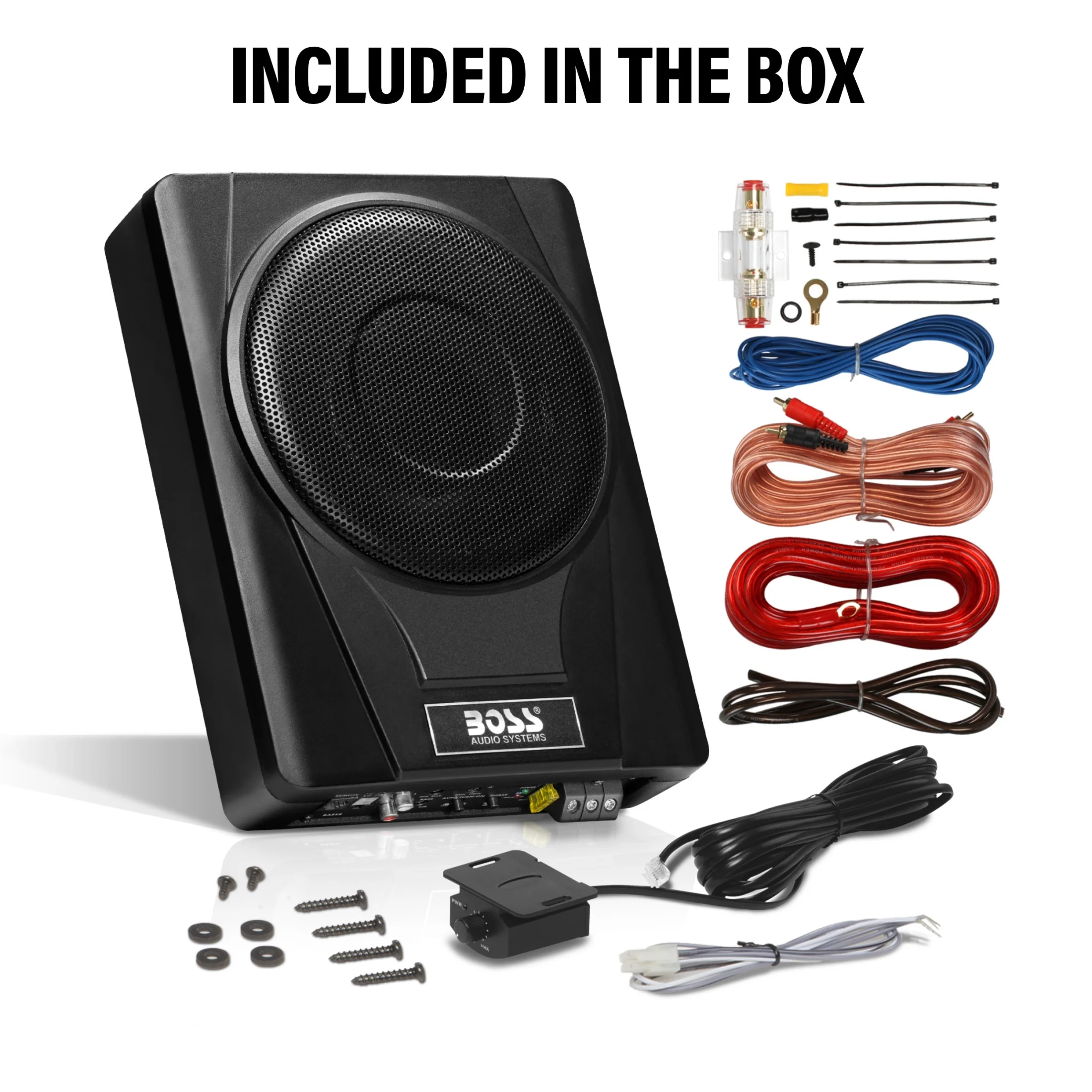 BOSS Audio Systems BASS8K 8 Inch Powered Under Seat Car Subwoofer and 8 Gauge Amp Wiring Kit Package - 800 Watts Max, Single 4 Ohm Voice Coil, Built-in Amp, Remote Subwoofer Control, Sold Individually