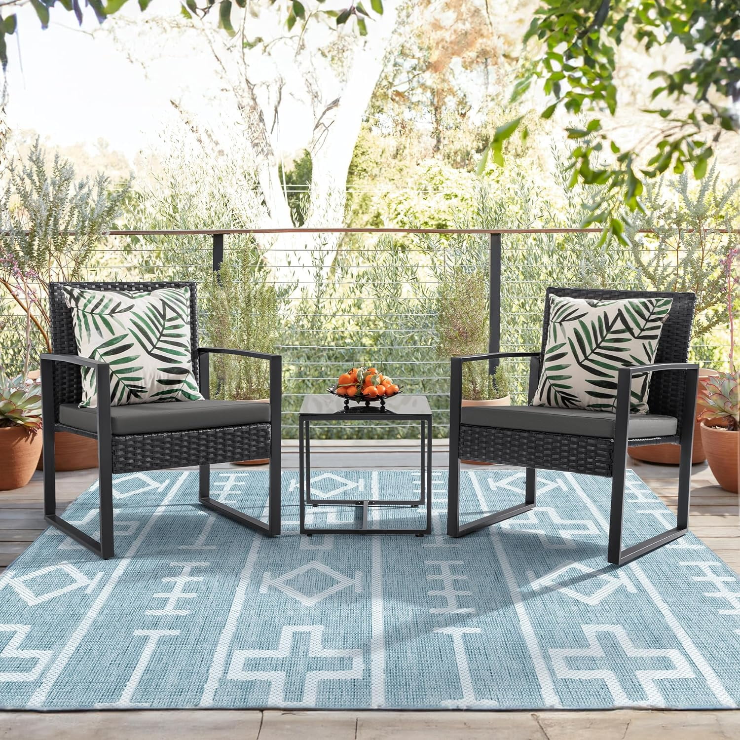 U-SHARE 3 Pieces Patio Set Outdoor Wicker Furniture Modern Bistro Rattan Chair Conversation Sets with Coffee Table for Yard (Grey)