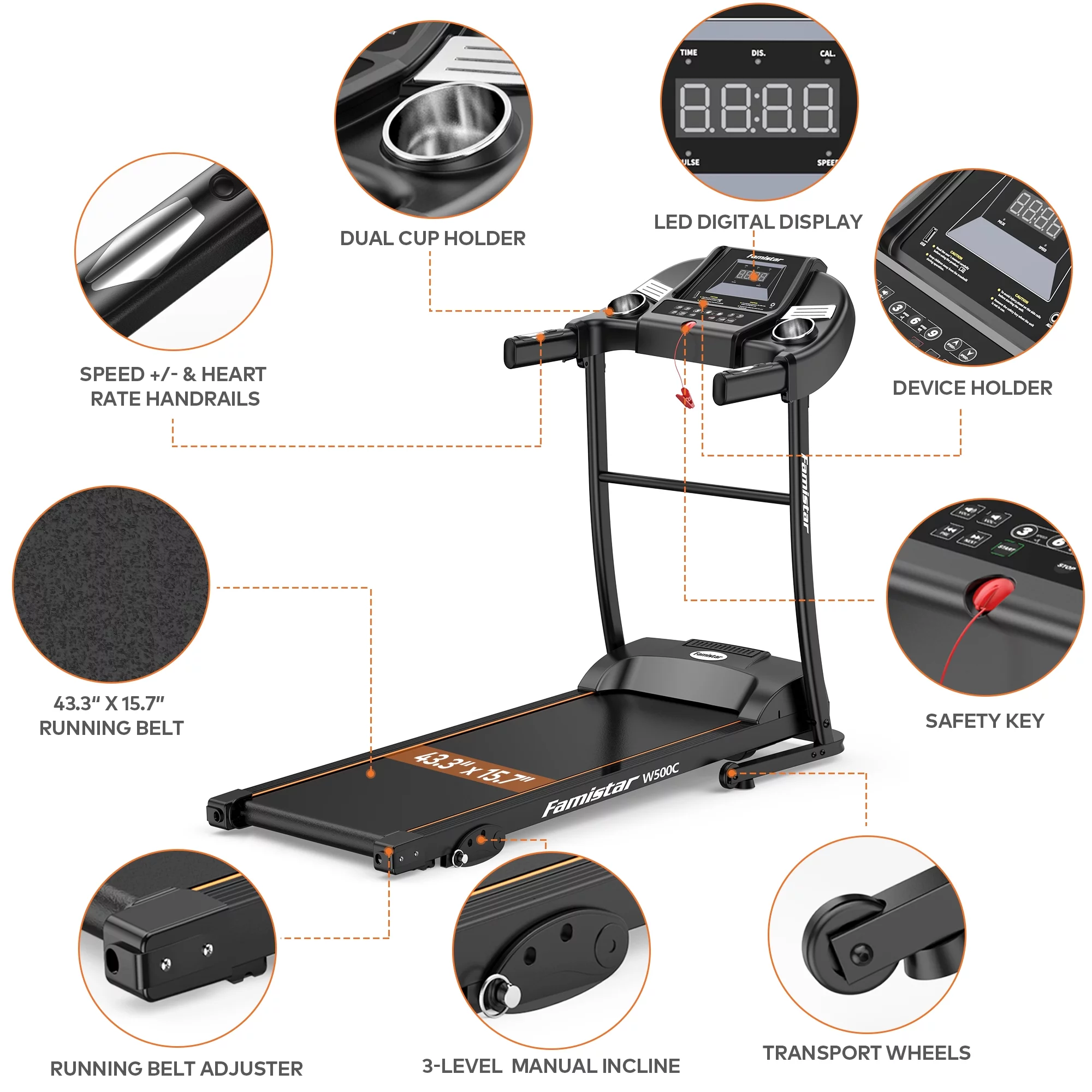 Famistar W500C 1.5HP Folding Electric Treadmill with 3 Level Manual Incline, Max 240LBS